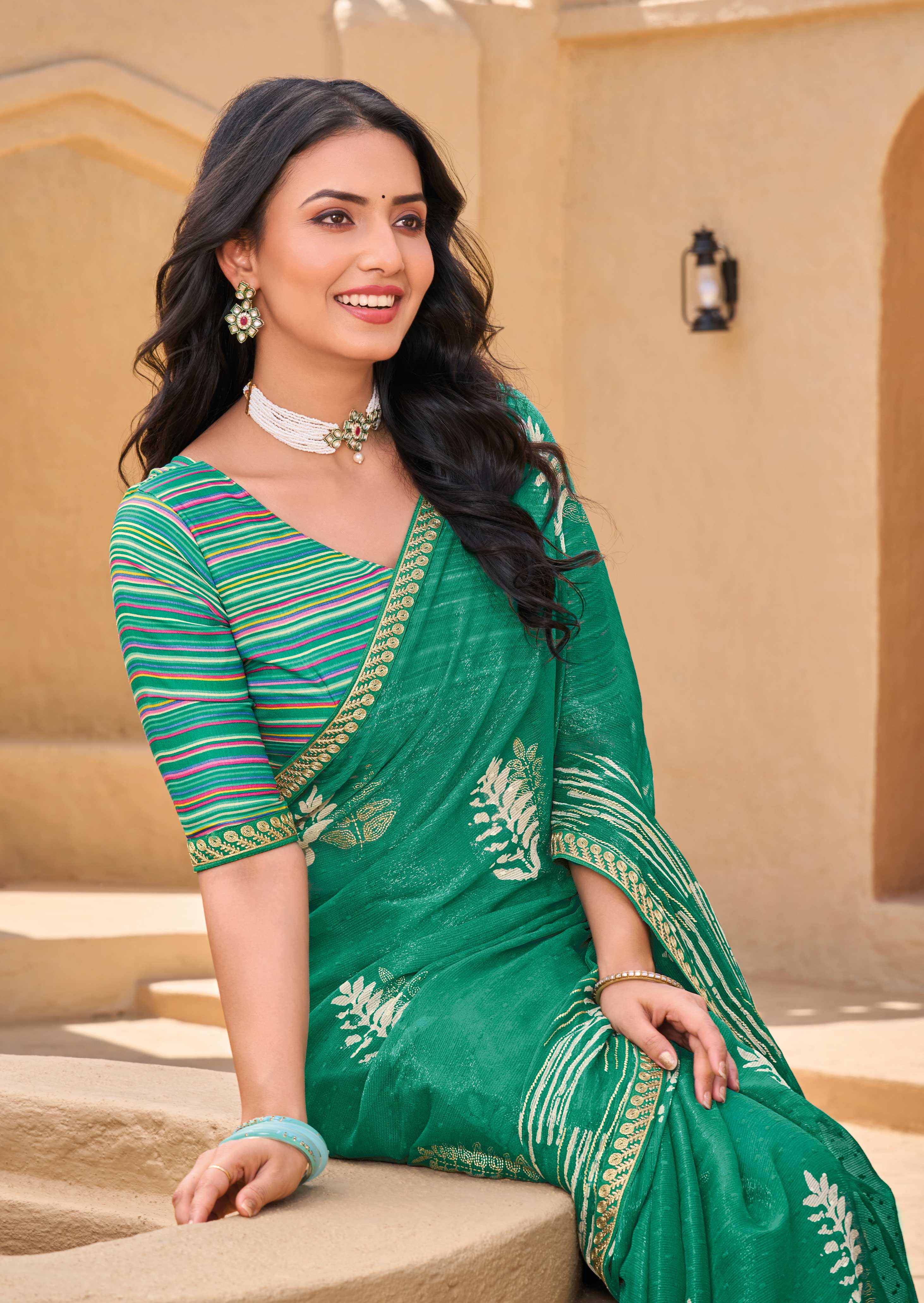 Ready to Wear Teal Green Chiffon Saree with Floral Print - Shamli