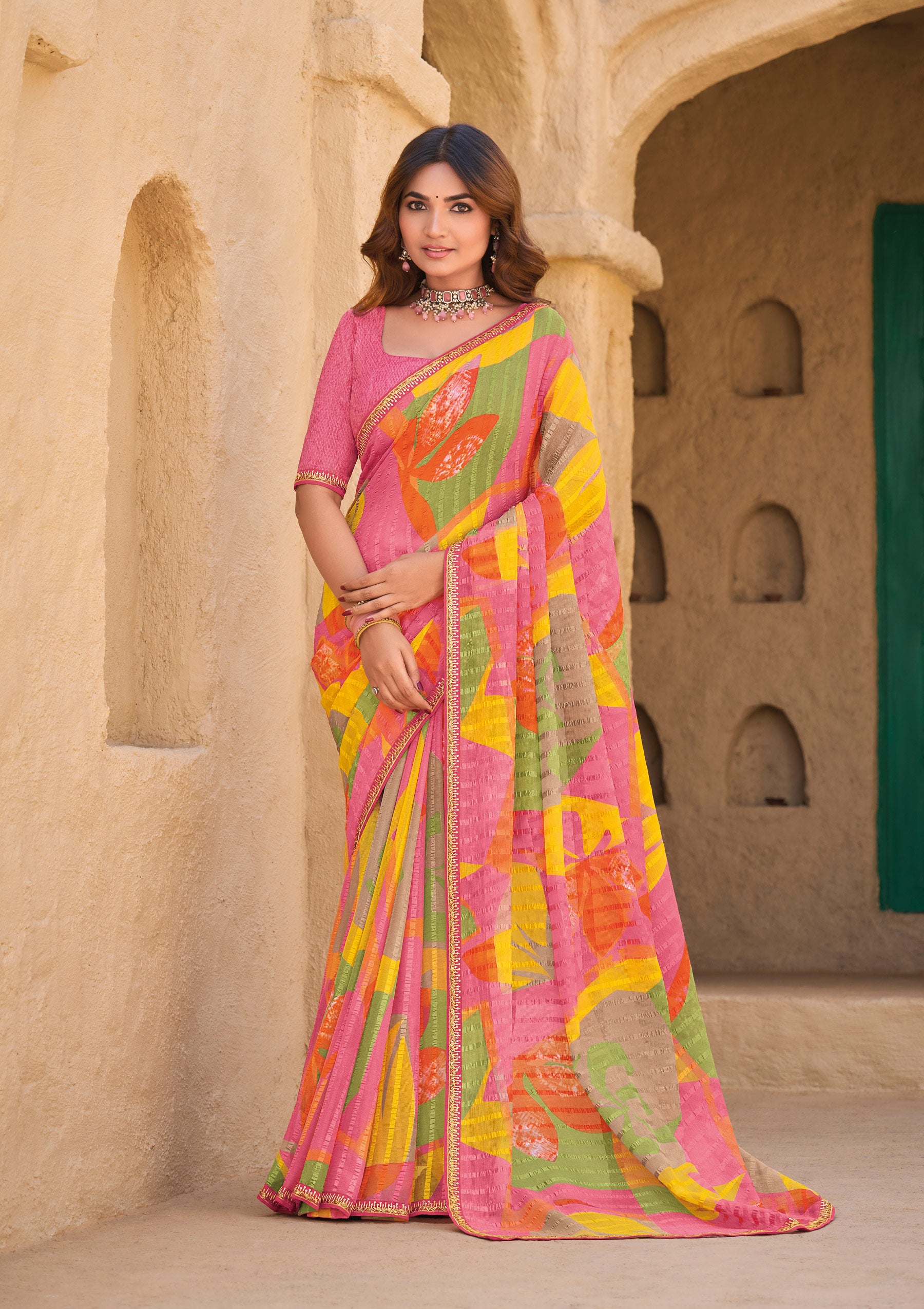 Multicolor Chiffon Patta Saree with Abstract Print - Shamli
