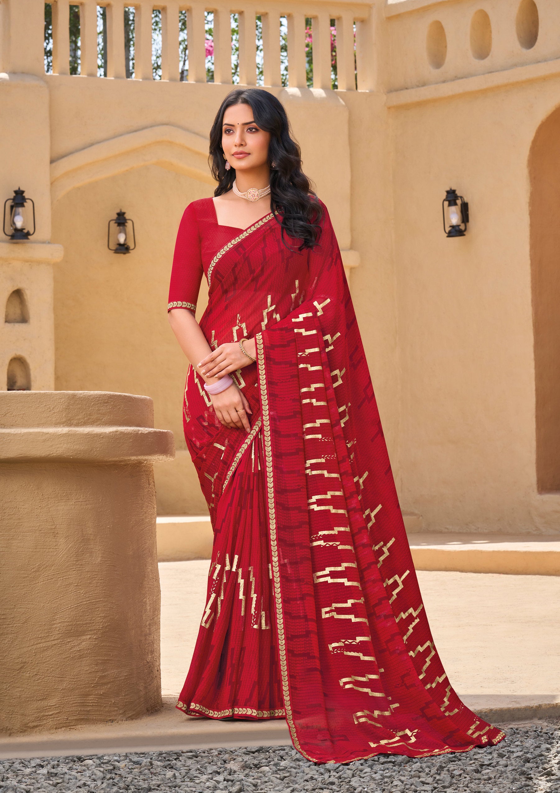 Red Georgette Saree with Geometric Print - Shamli
