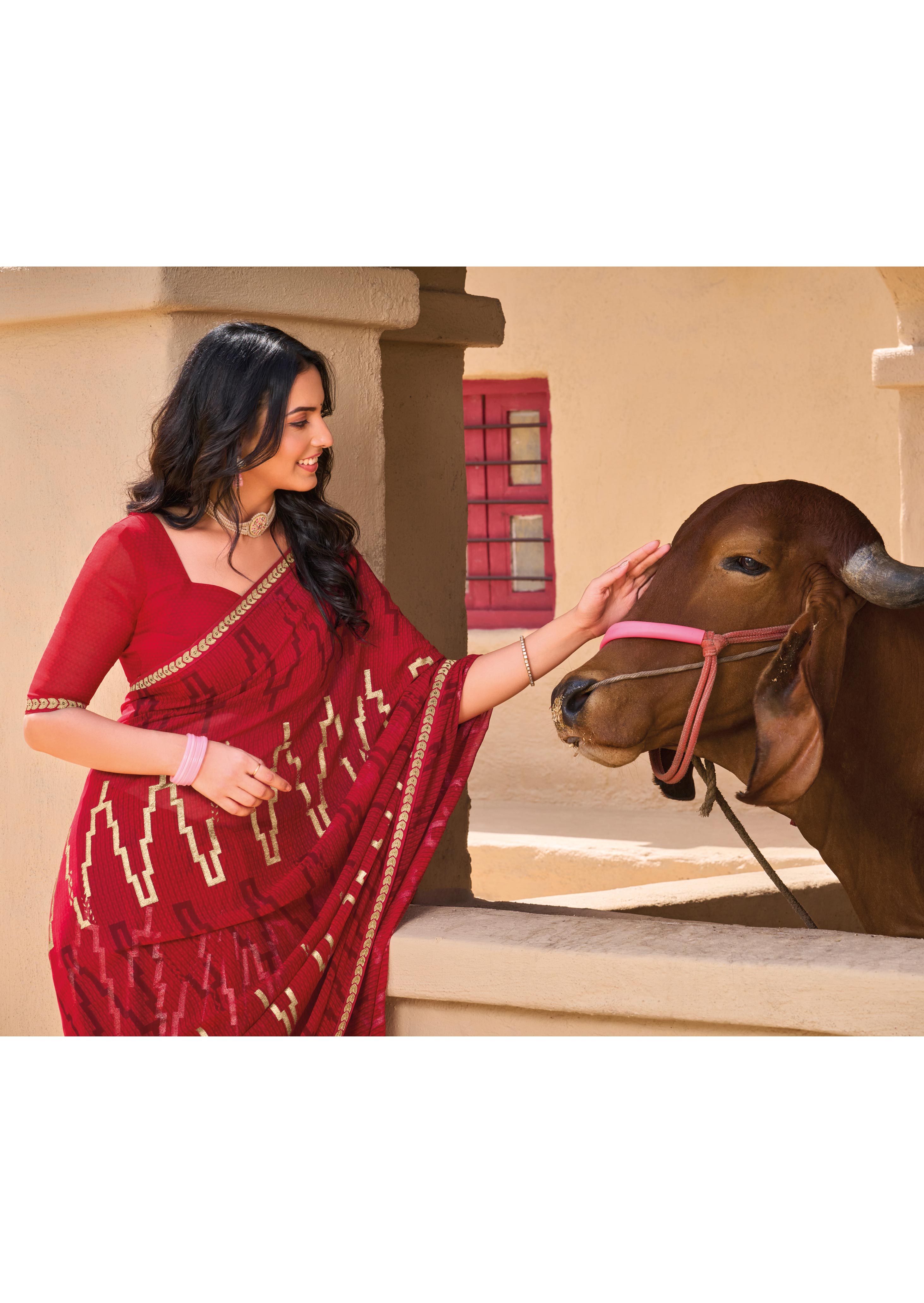 Red Georgette Saree with Geometric Print - Shamli