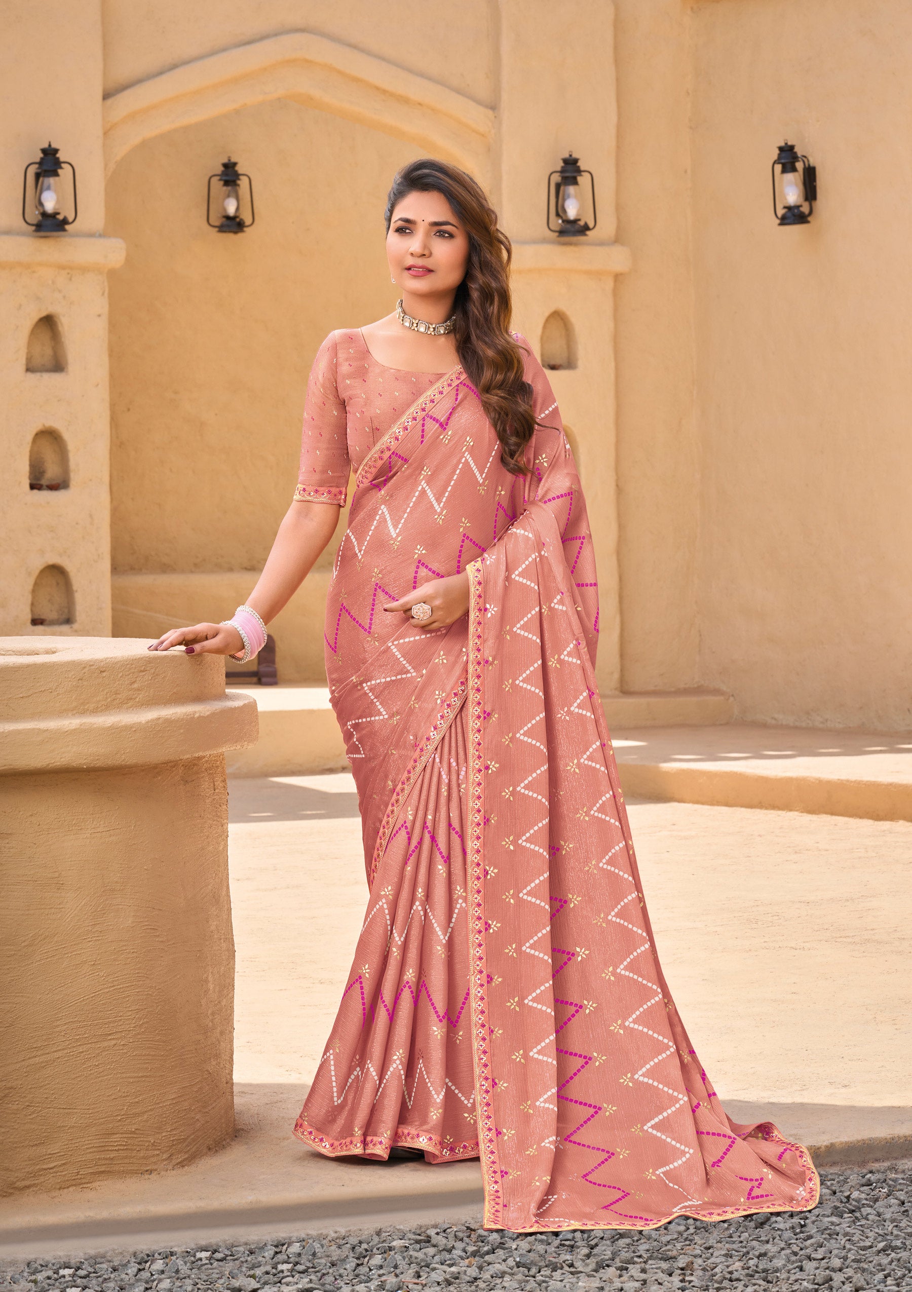 Peach Chiffon Saree with Geometric Print - Shamli