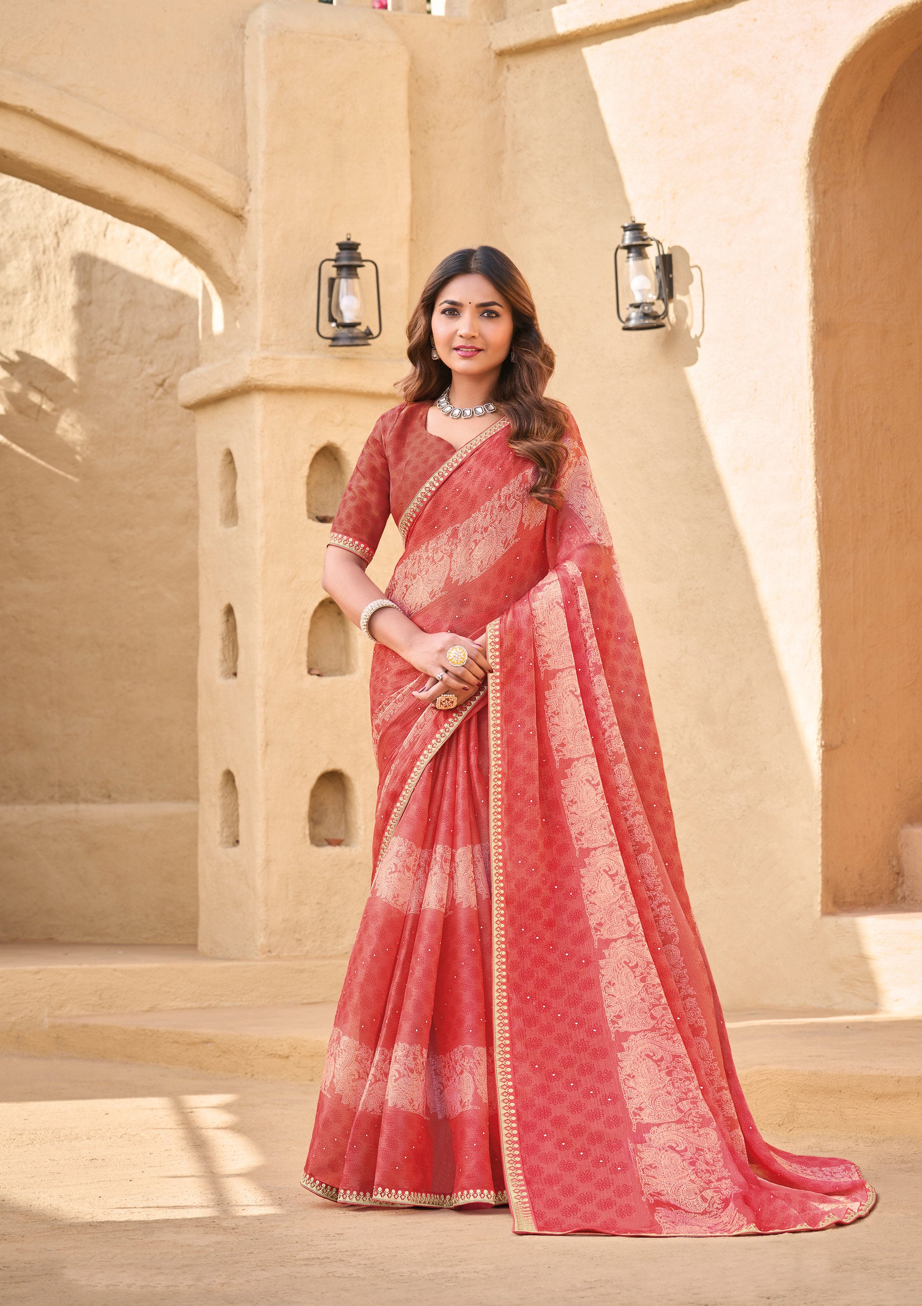 Orange Tissue Saree with Floral Print - Shamli