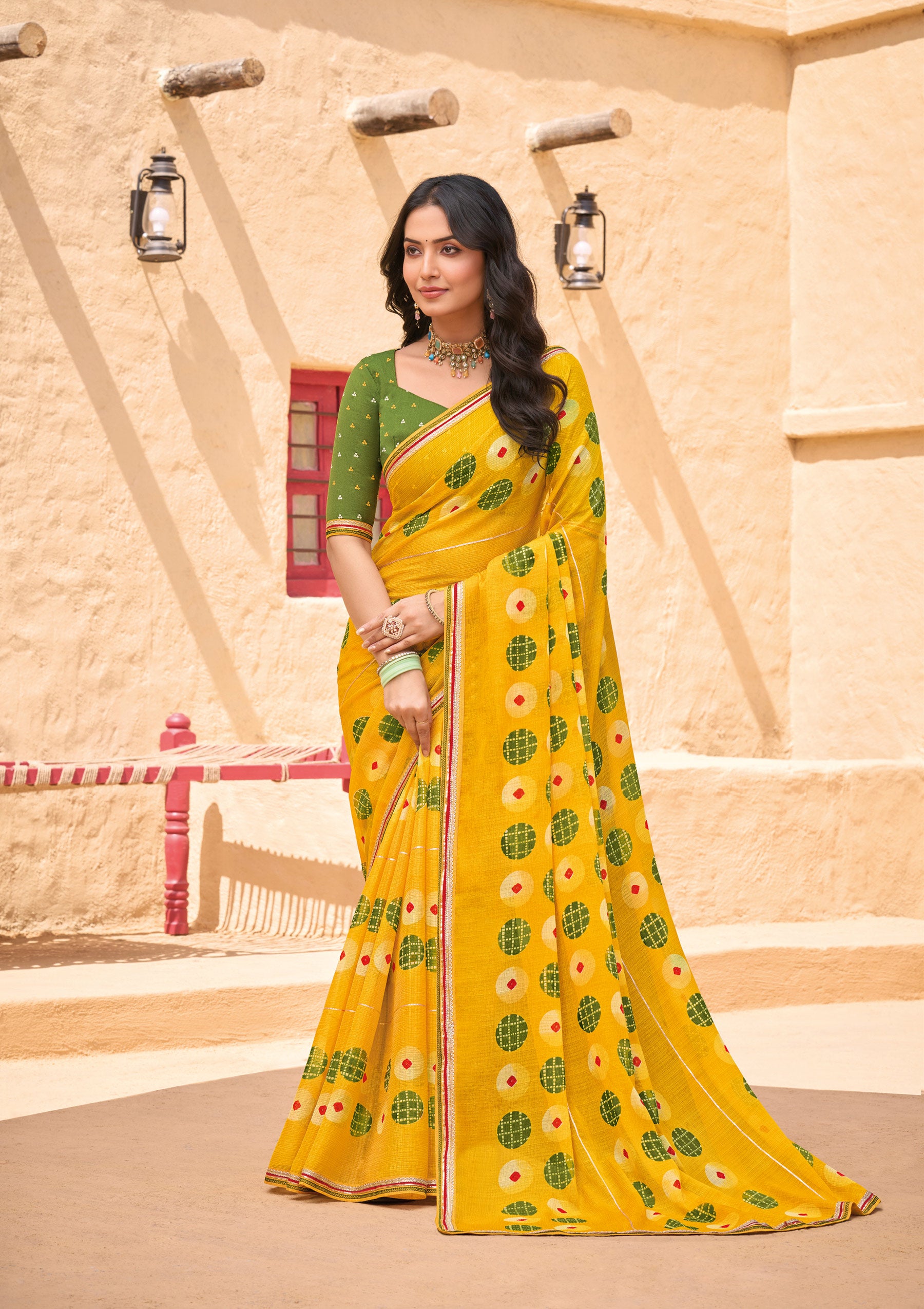 Mustard Chiffon Saree with Geometric Print - Shamli