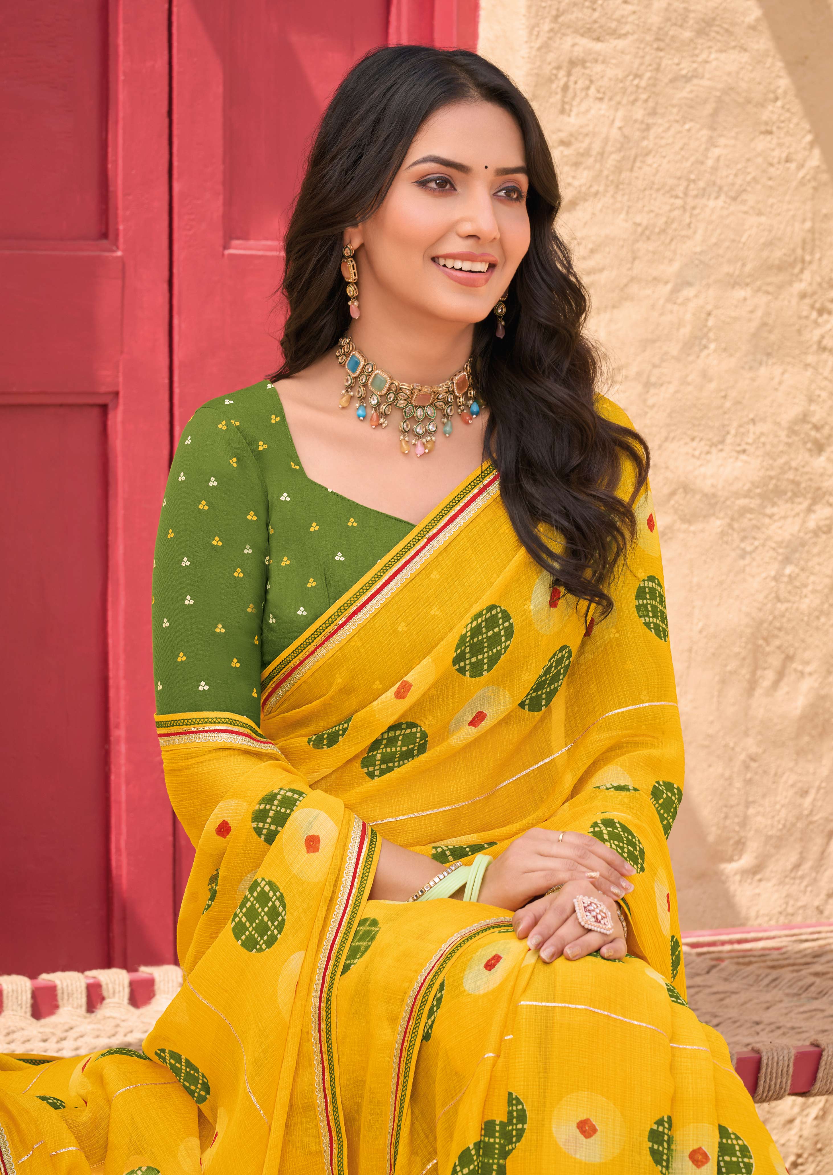 Mustard Chiffon Saree with Geometric Print - Shamli