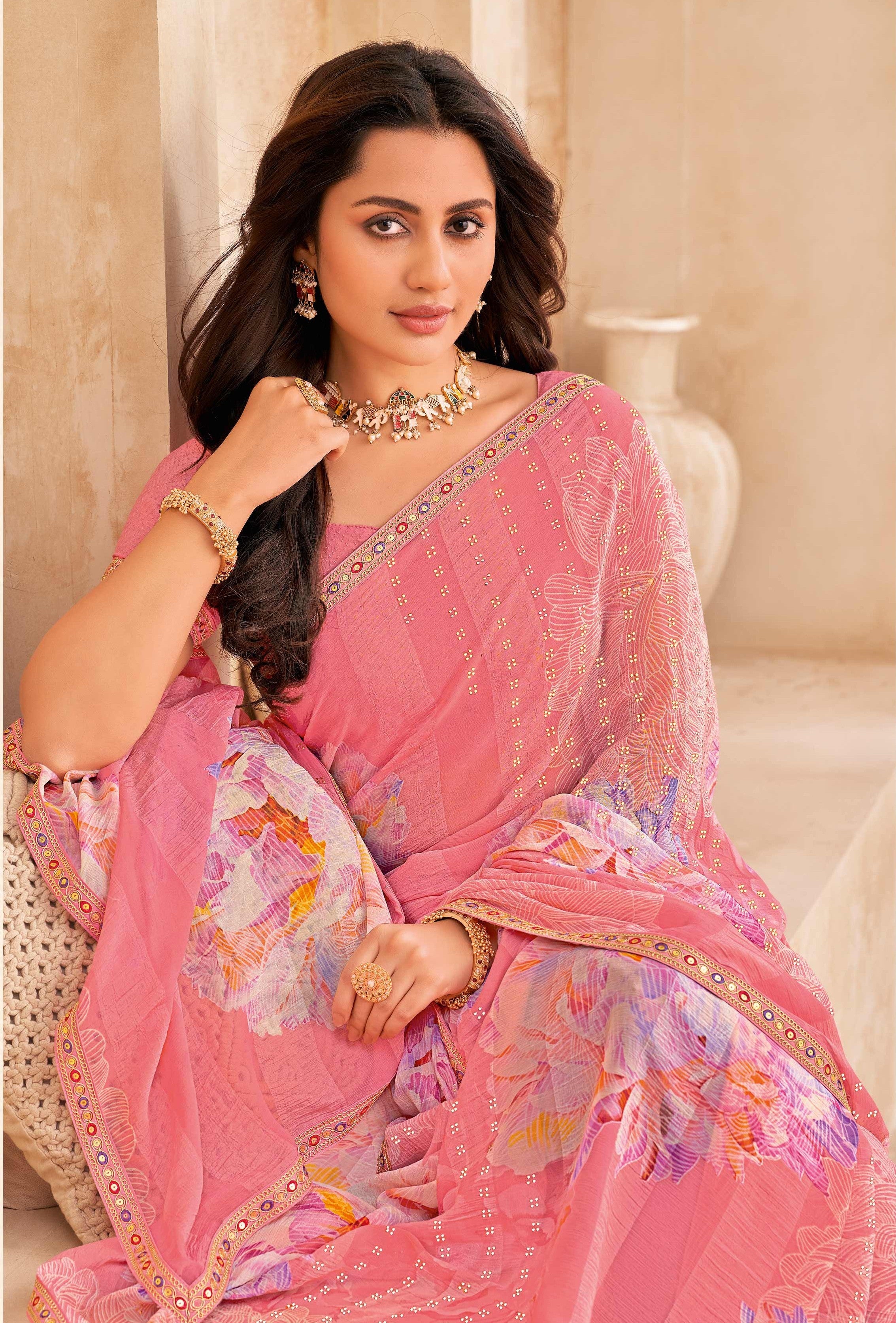 Peach Floral Print Saree with embellished foil work - Gulistaan
