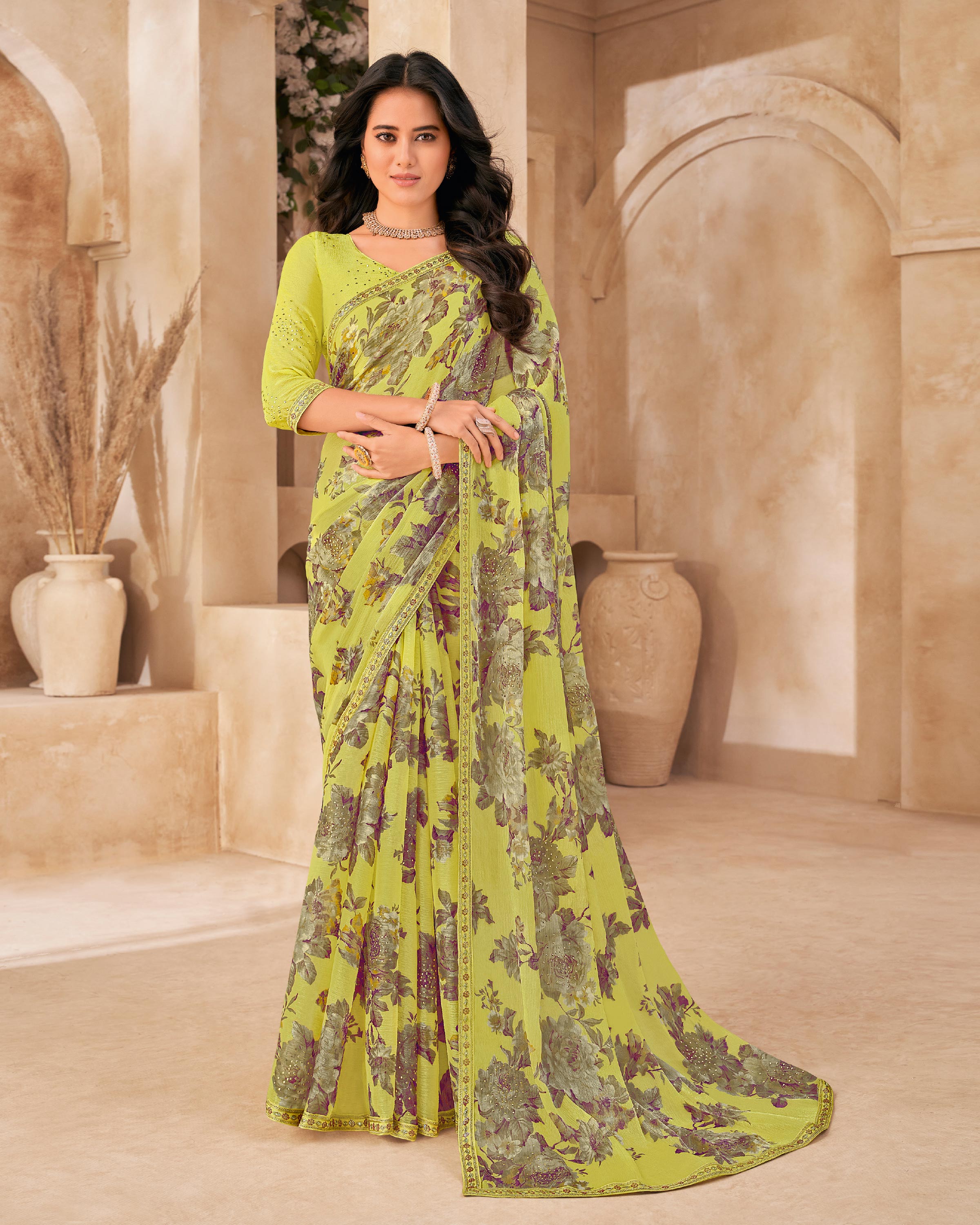 Lime Yellow Floral Print Saree with embellished foil work - Gulistaan