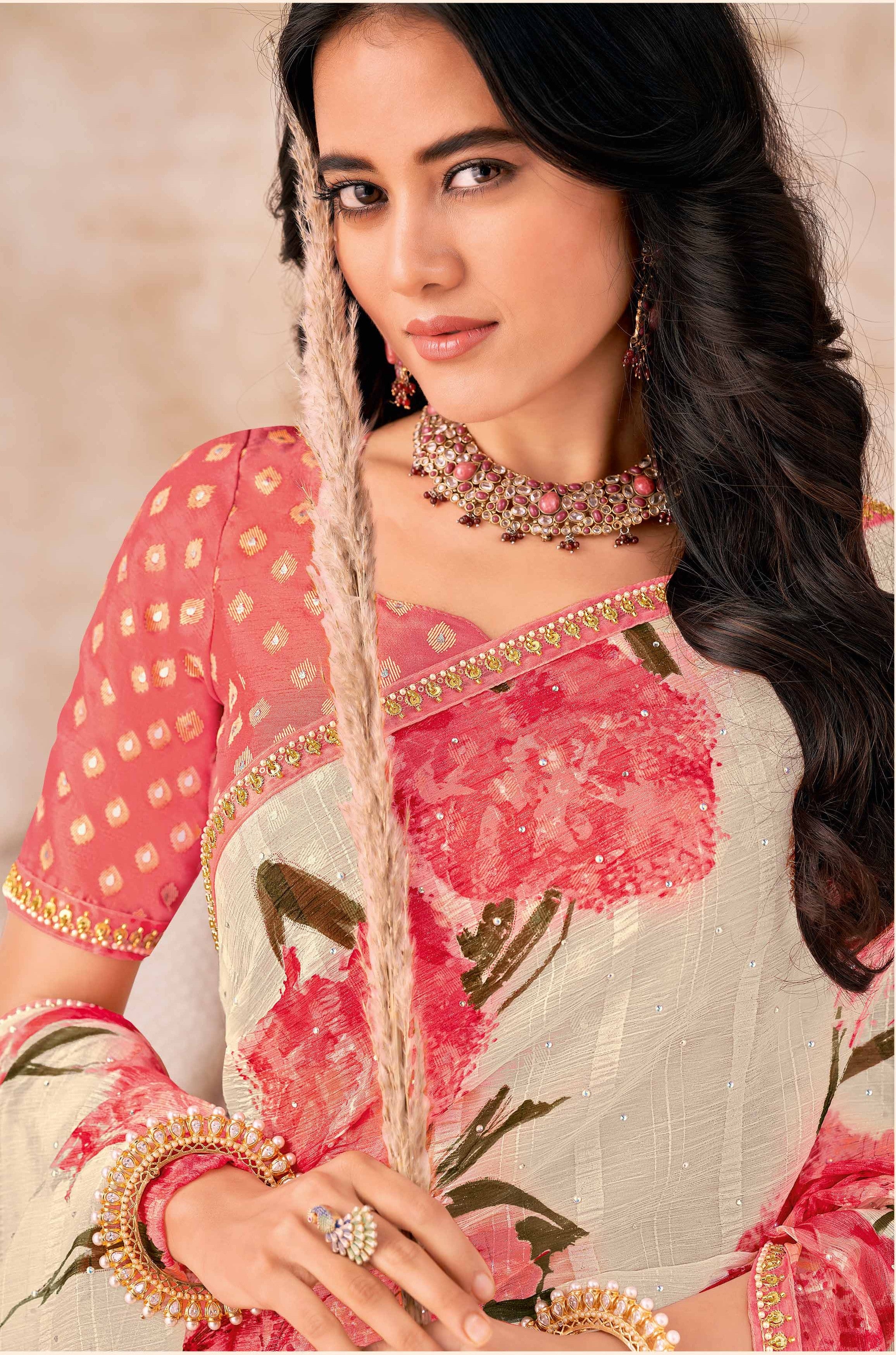 Cream Saree with Peach Floral Print, Embellished Foil Work - Gulistaan