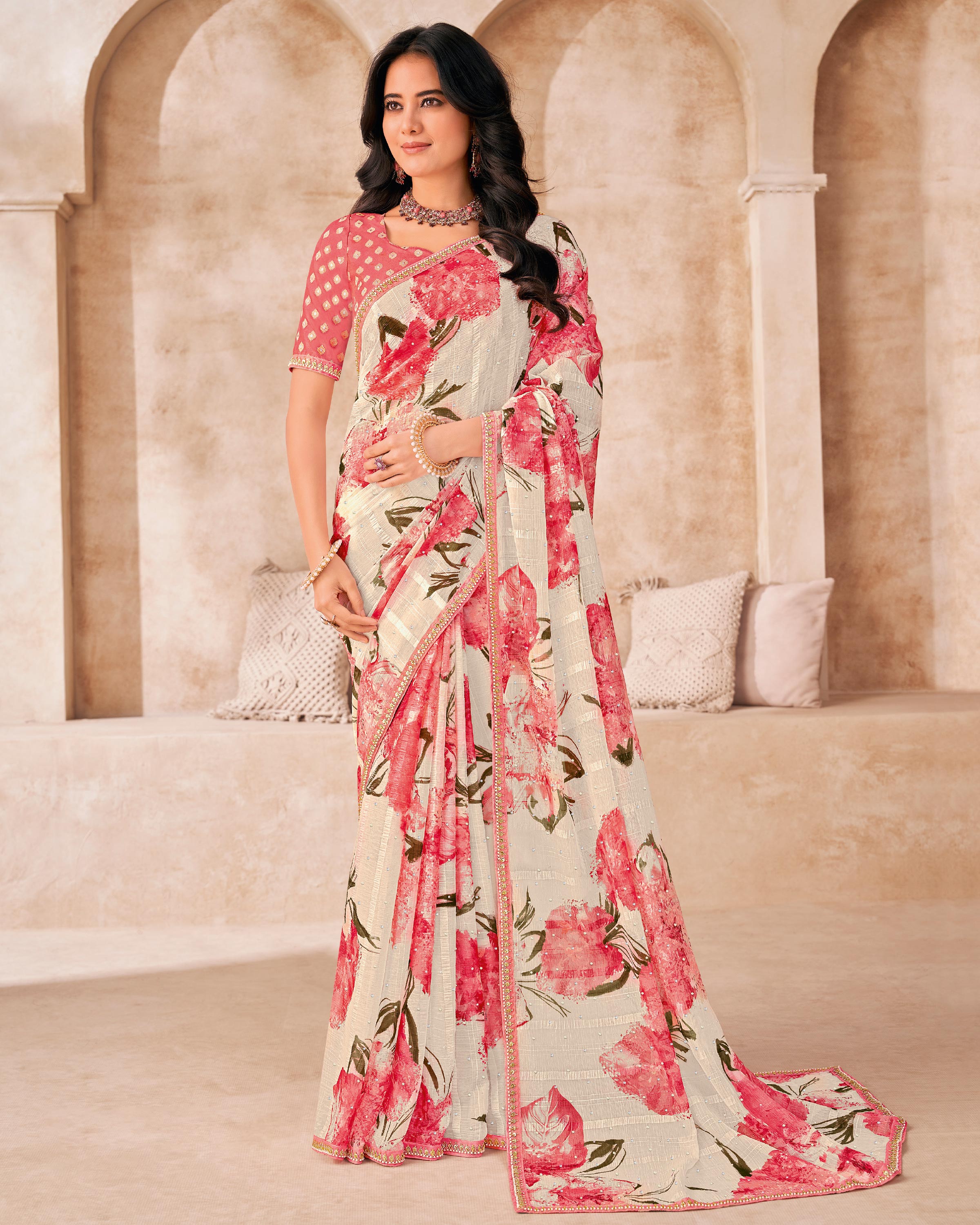 Cream Saree with Peach Floral Print, Embellished Foil Work - Gulistaan