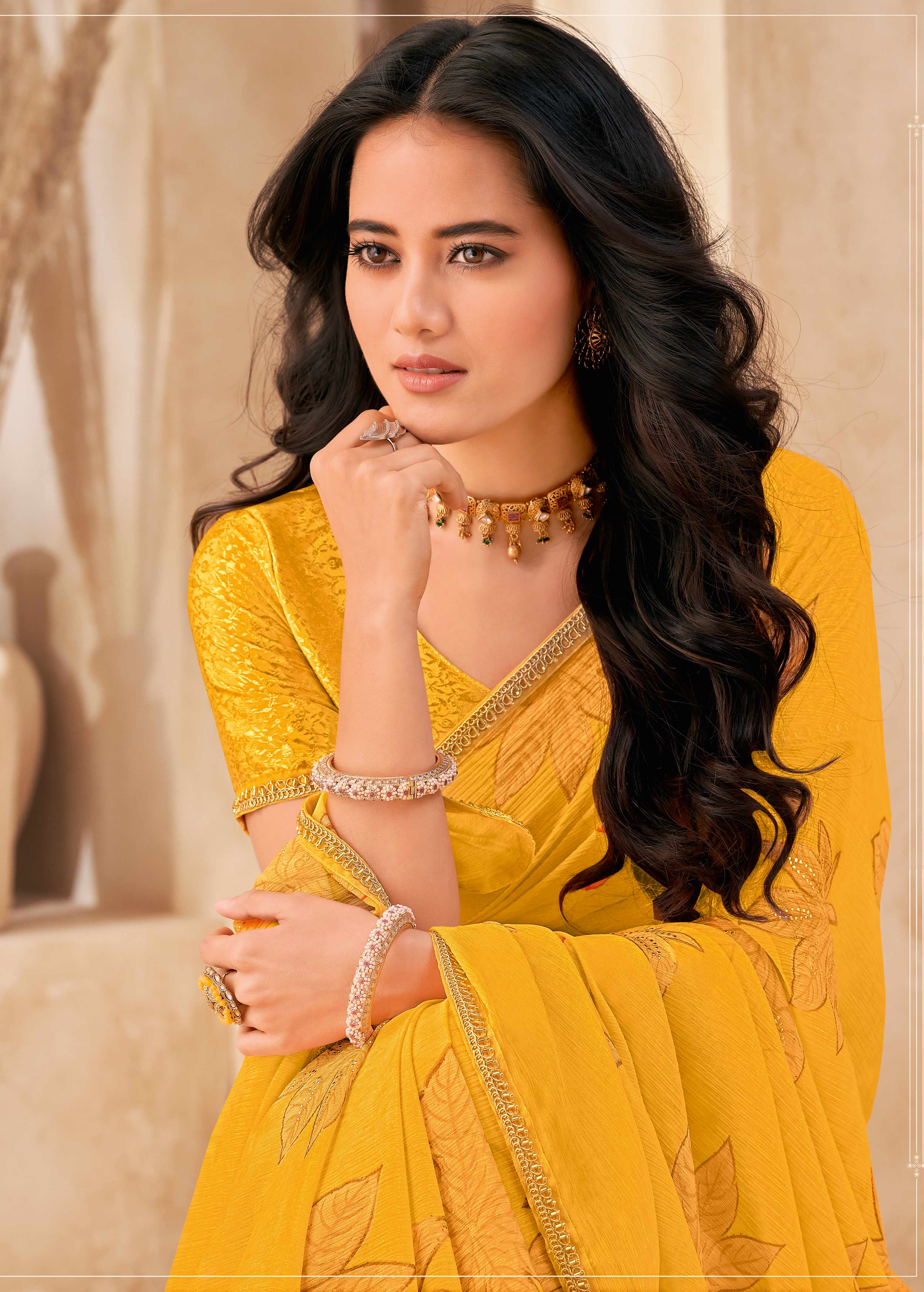 Mustard Floral Print Saree with Embellished Foil Work - Gulistaan