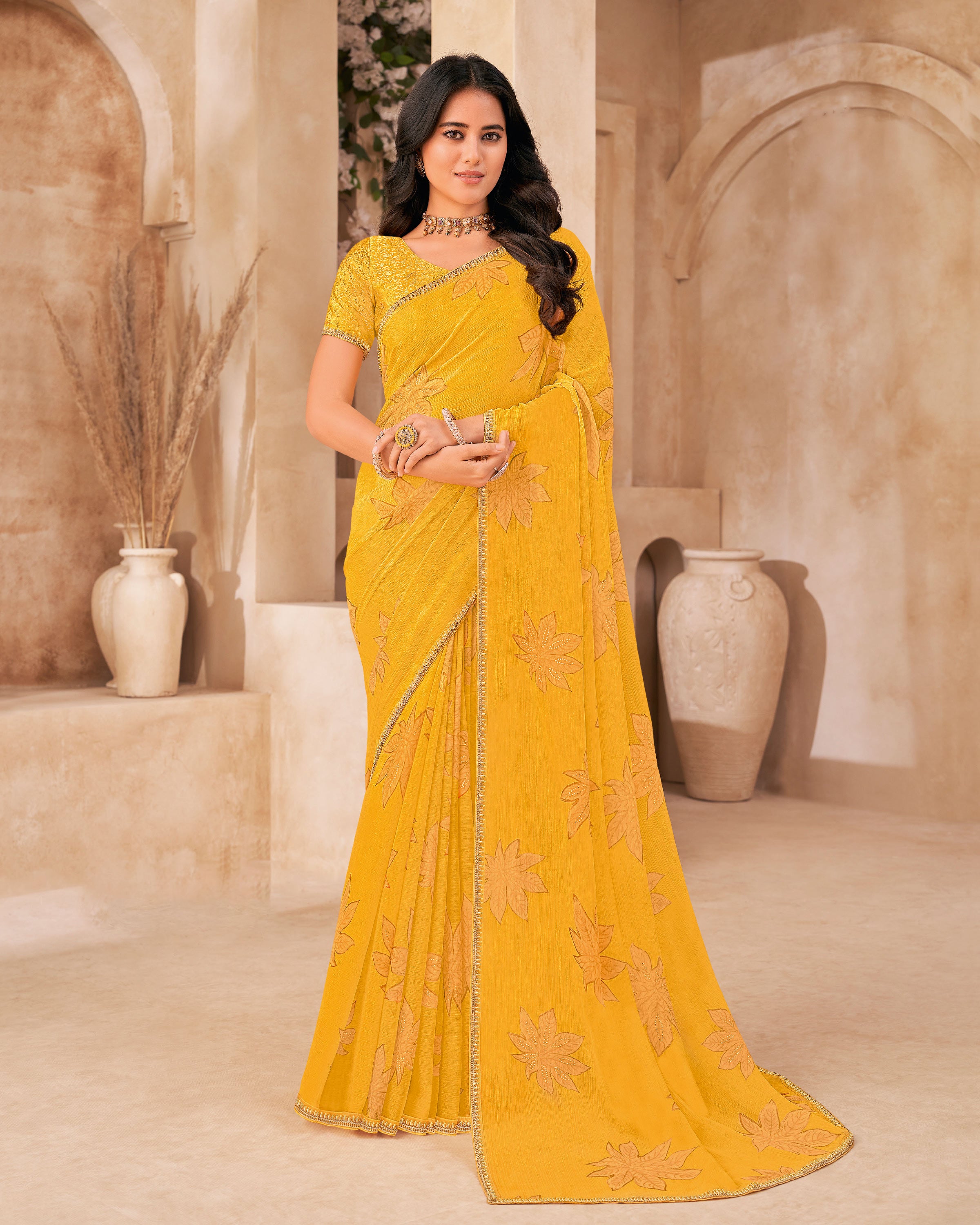 Mustard Floral Print Saree with Embellished Foil Work - Gulistaan