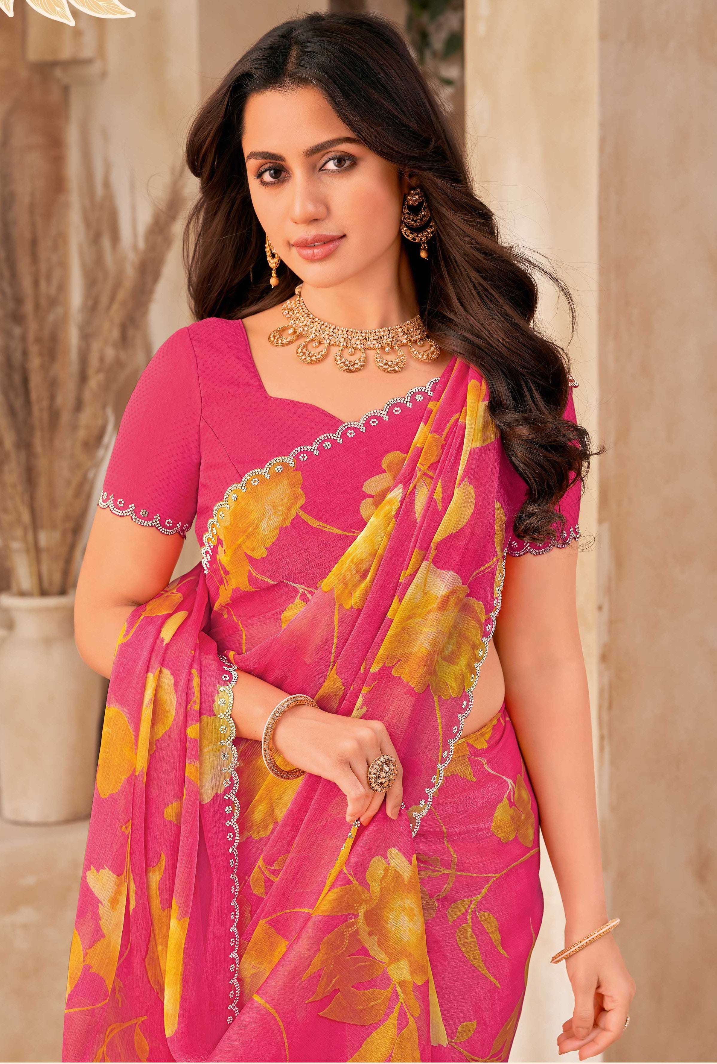 Pink Saree with Yellow Floral Print, Embellished Foil Work - Gulistaan