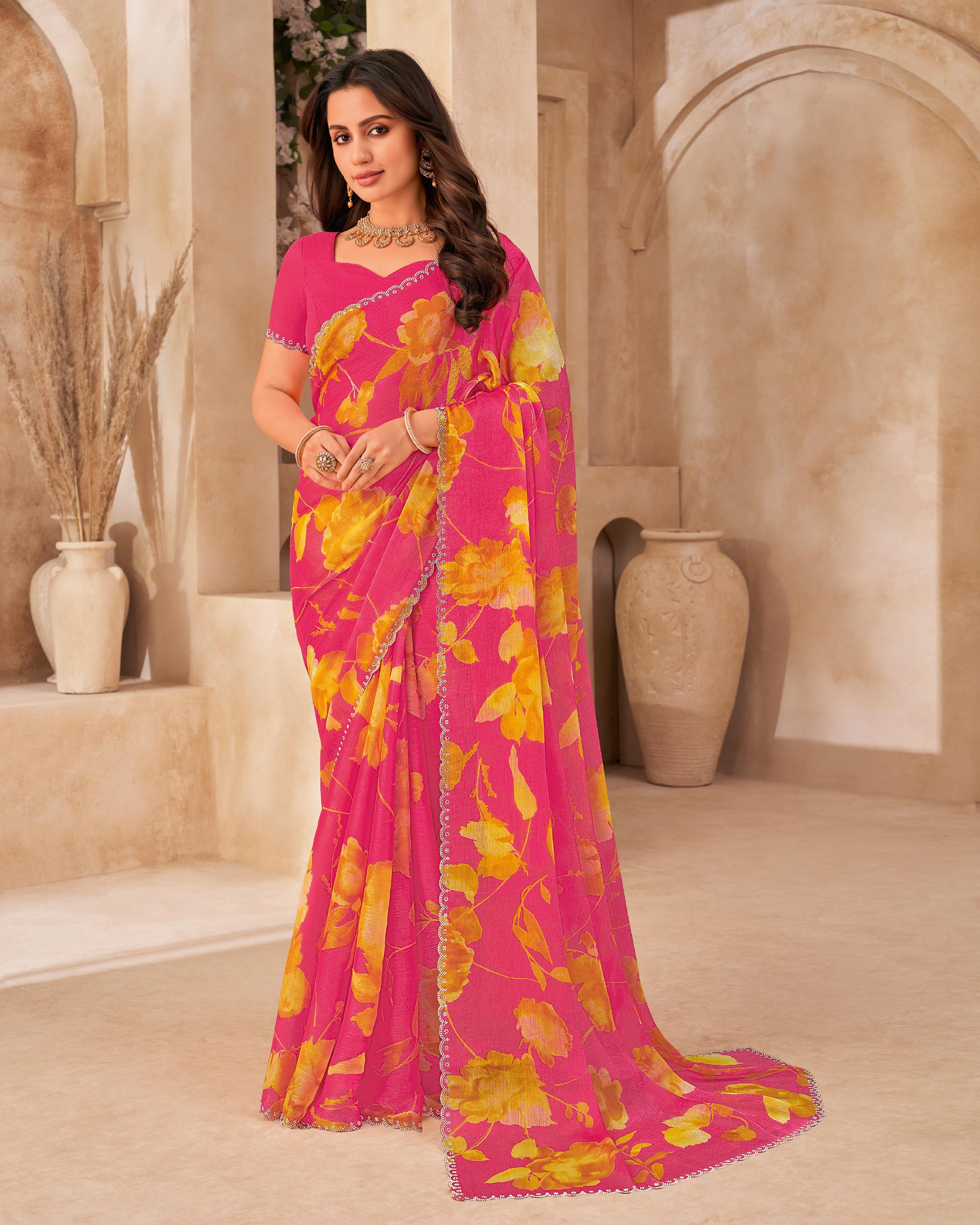 Pink Saree with Yellow Floral Print, Embellished Foil Work - Gulistaan