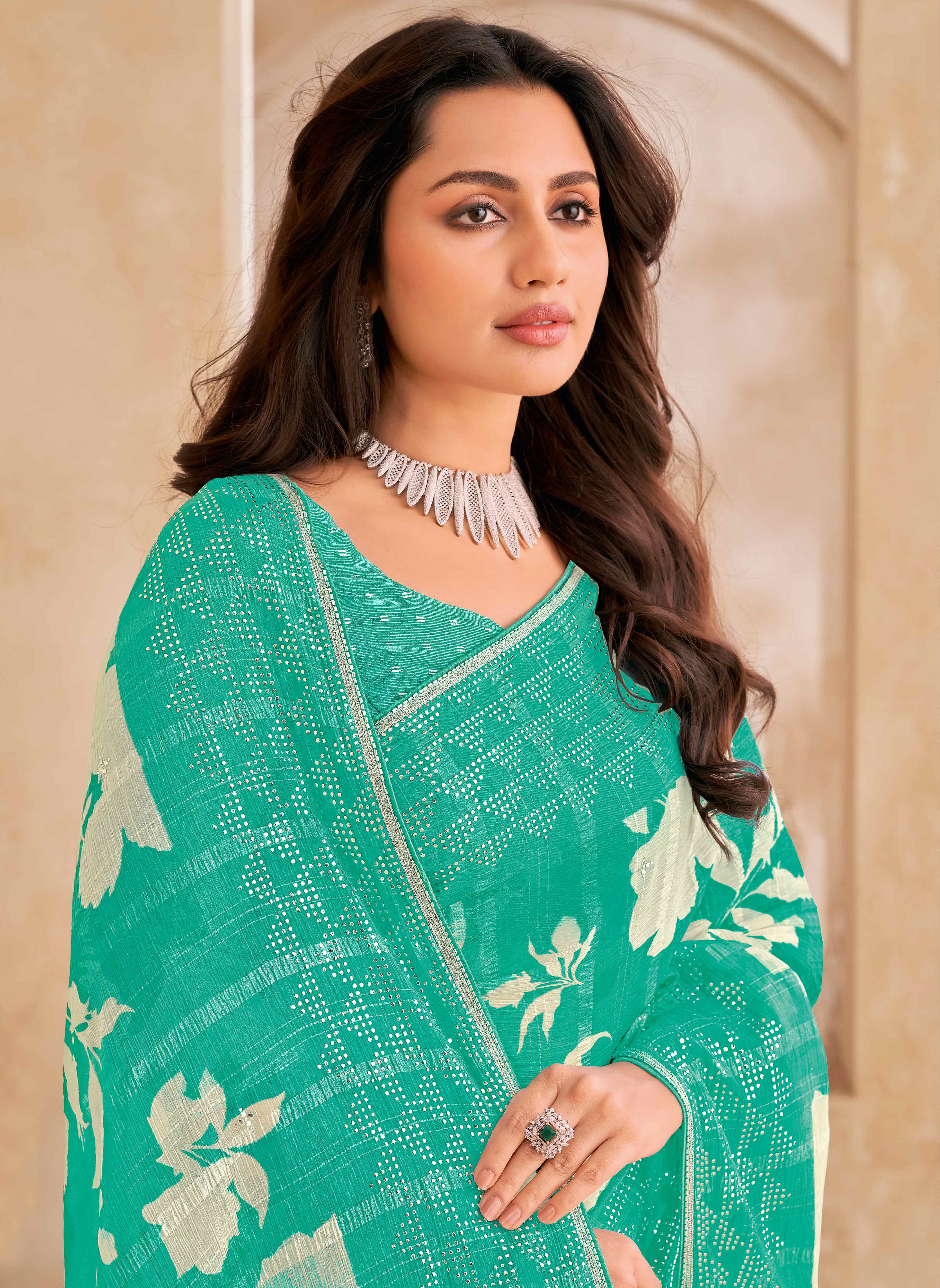 Teal Saree with White Floral Print, Embellished Foil Work - Gulistaan