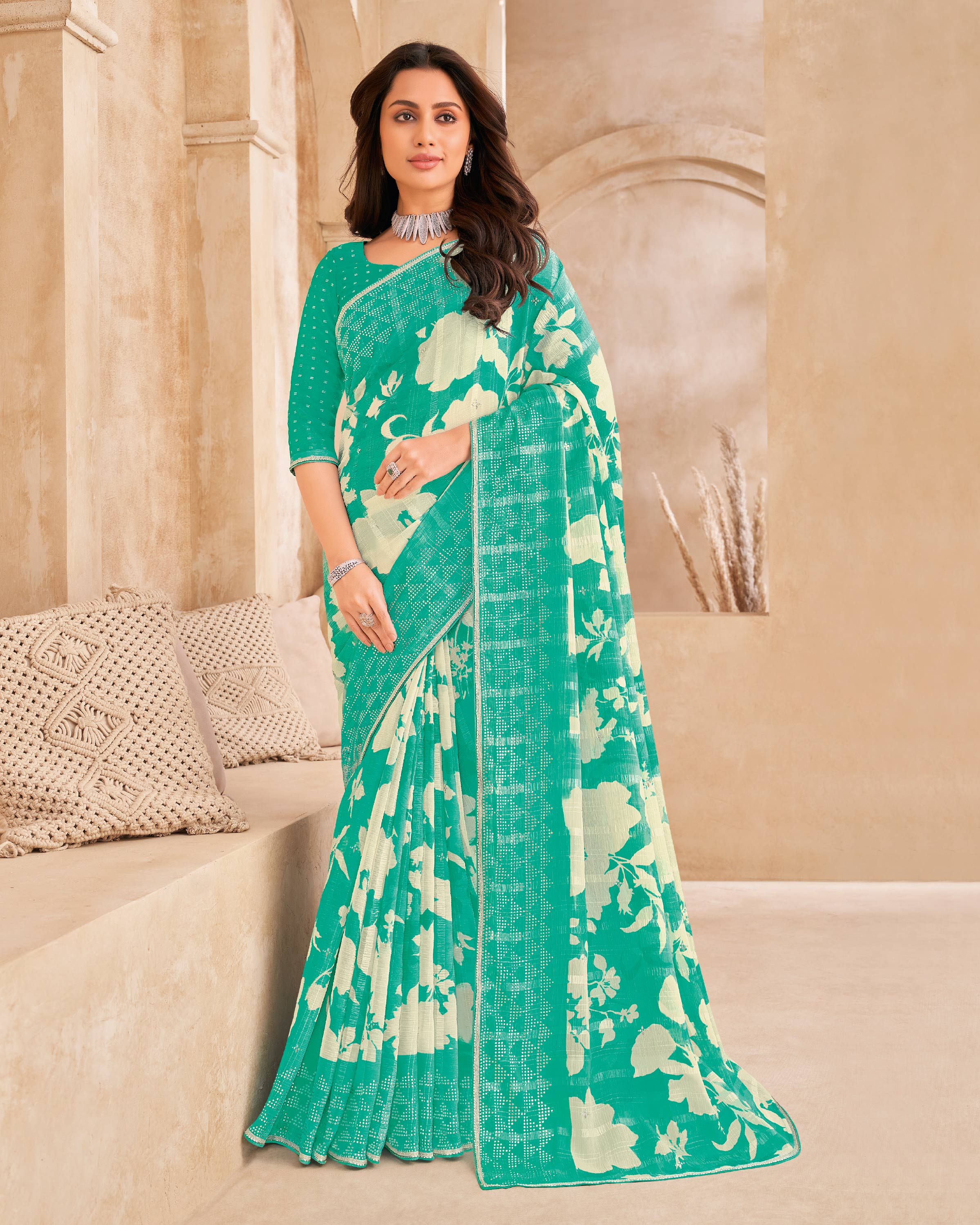 Teal Saree with White Floral Print, Embellished Foil Work - Gulistaan