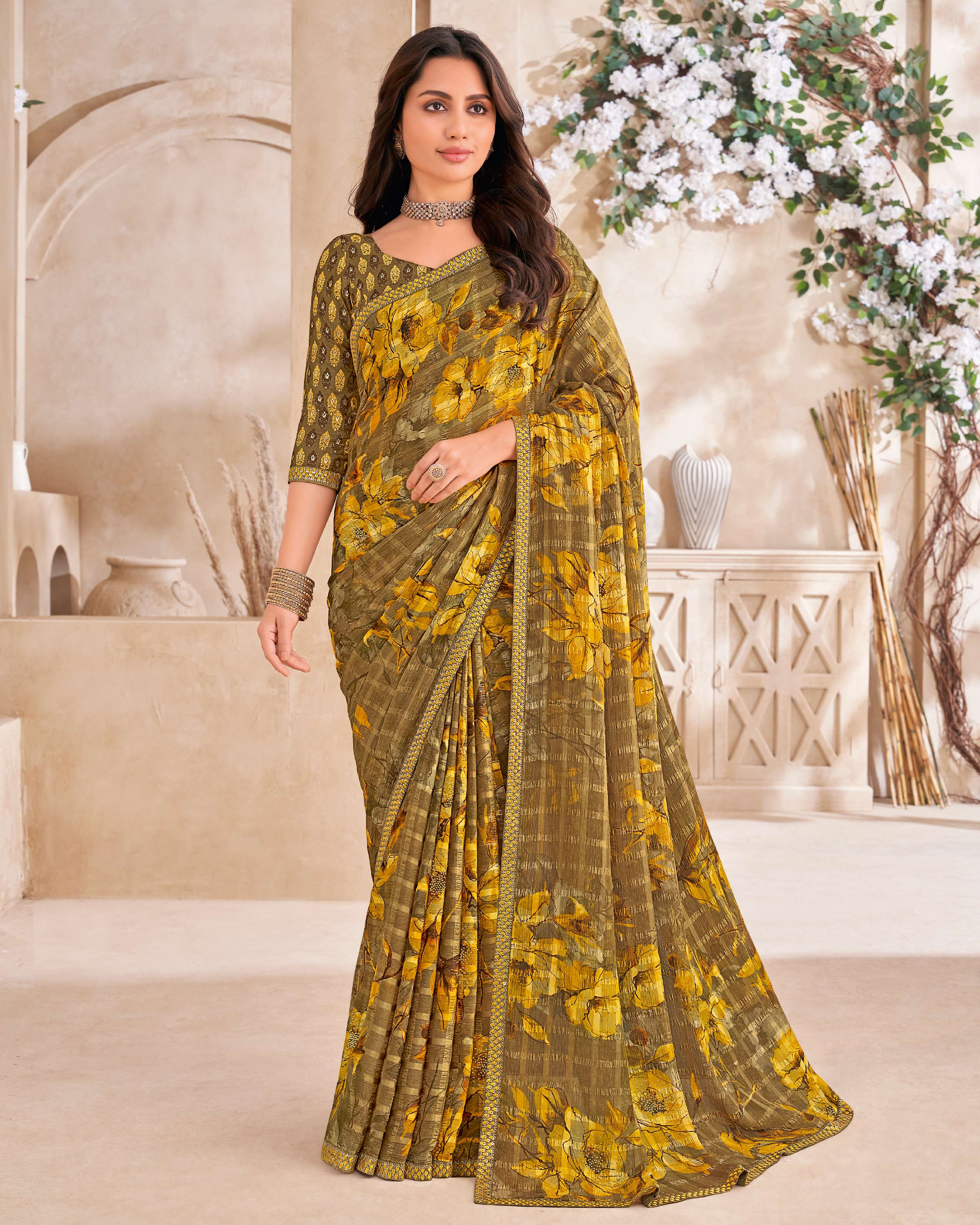 Brown Floral Print with embellished foil work - Gulistaan