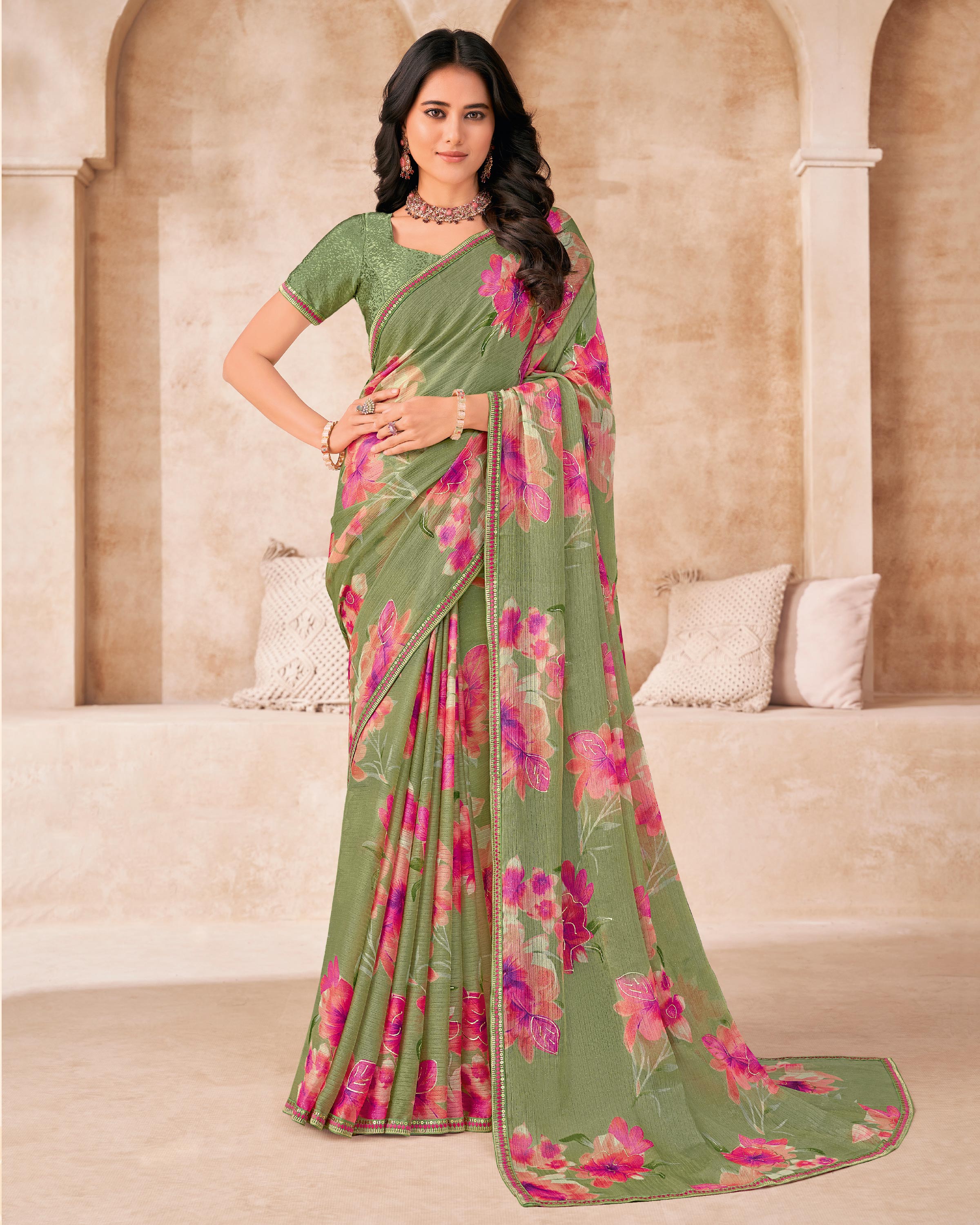 Green Floral Print with embellished foil work - Gulistaan