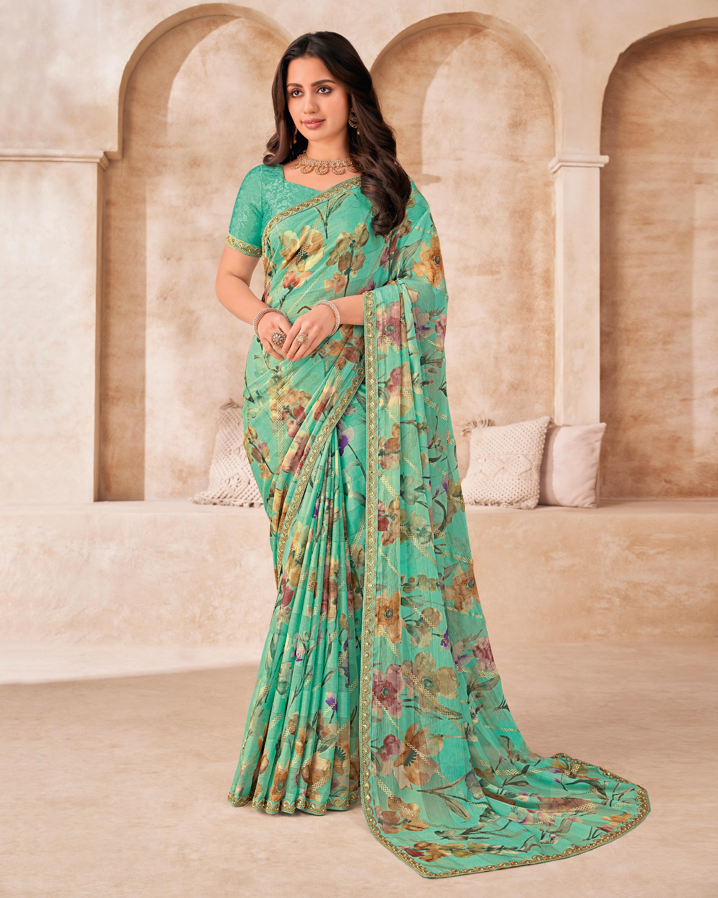 Teal Saree with White Floral Print, Embellished Foil Work - Gulistaan