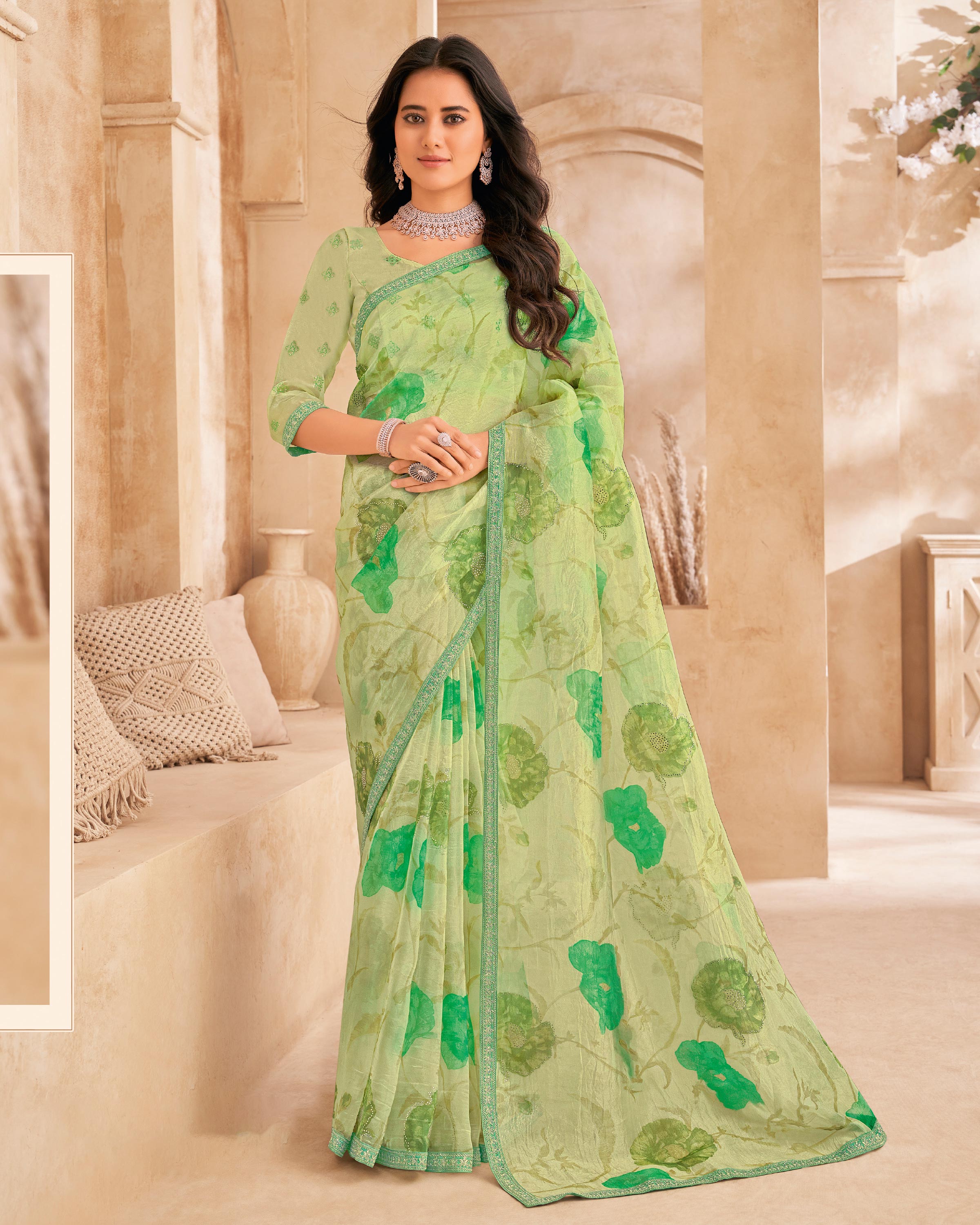 Pastel Green Floral Print with embellished foil work - Gulistaan