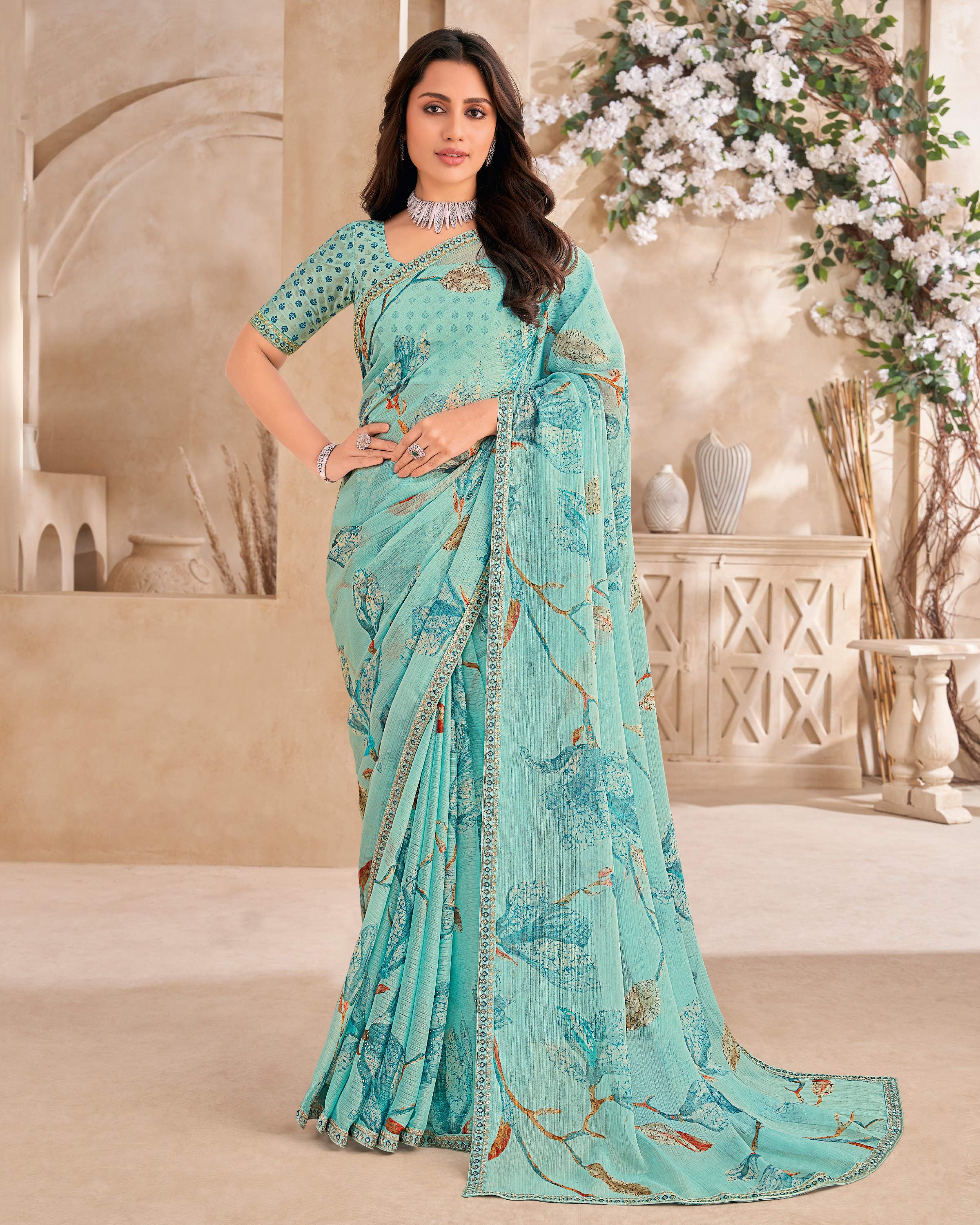 Turquoise Blue Floral Print with embellished foil work - Gulistaan