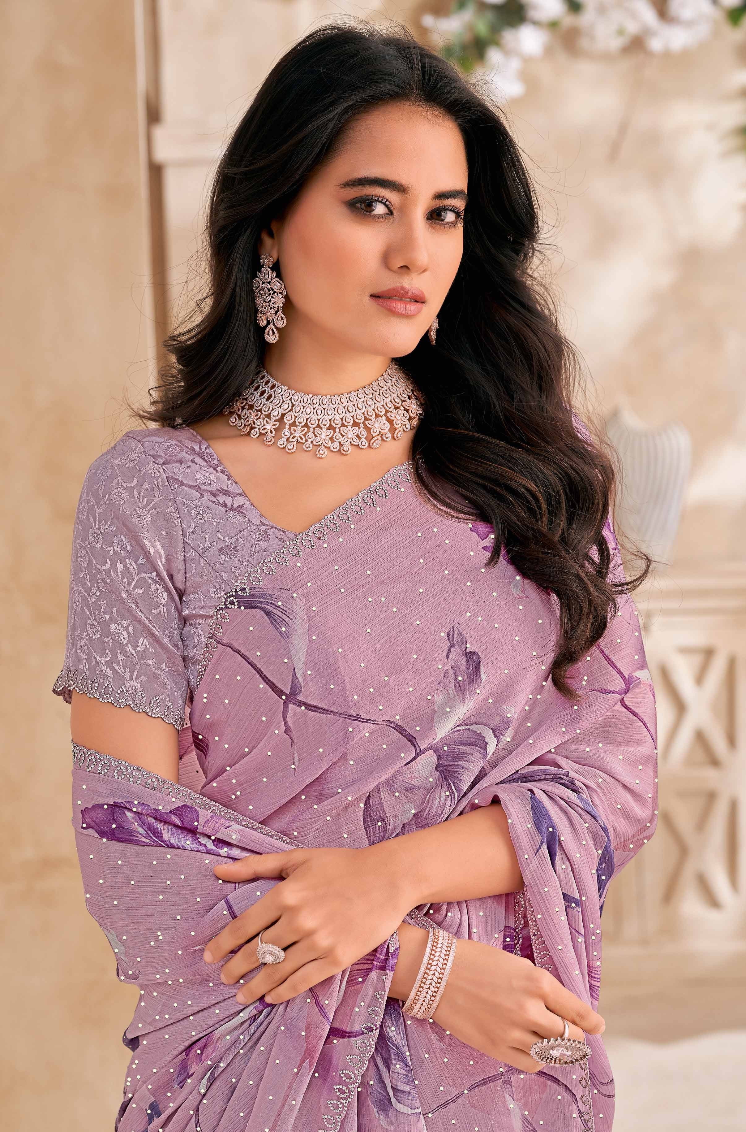 Lavender Floral Print Saree with embellished foil work - Gulistaan