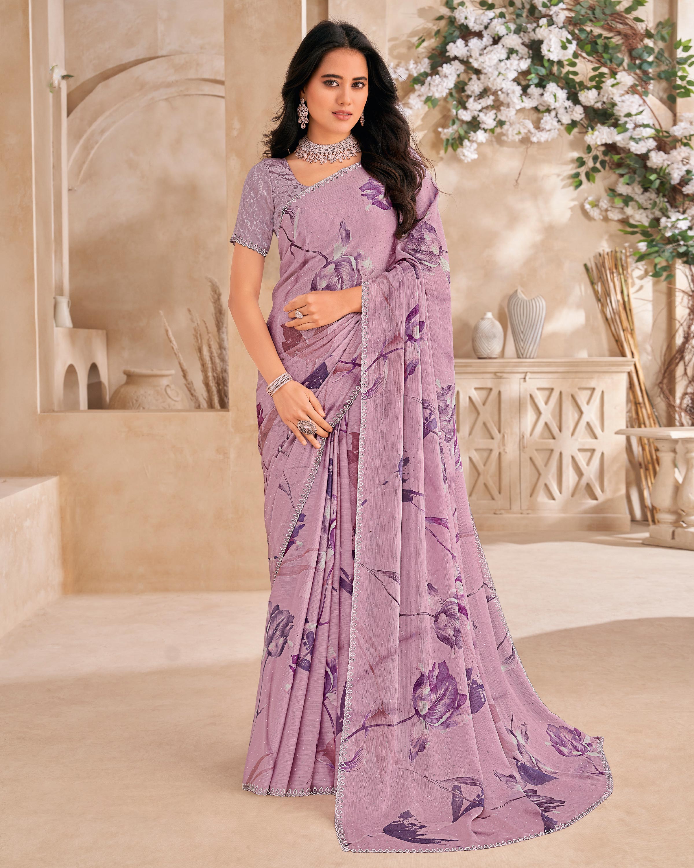 Lavender Floral Print Saree with embellished foil work - Gulistaan