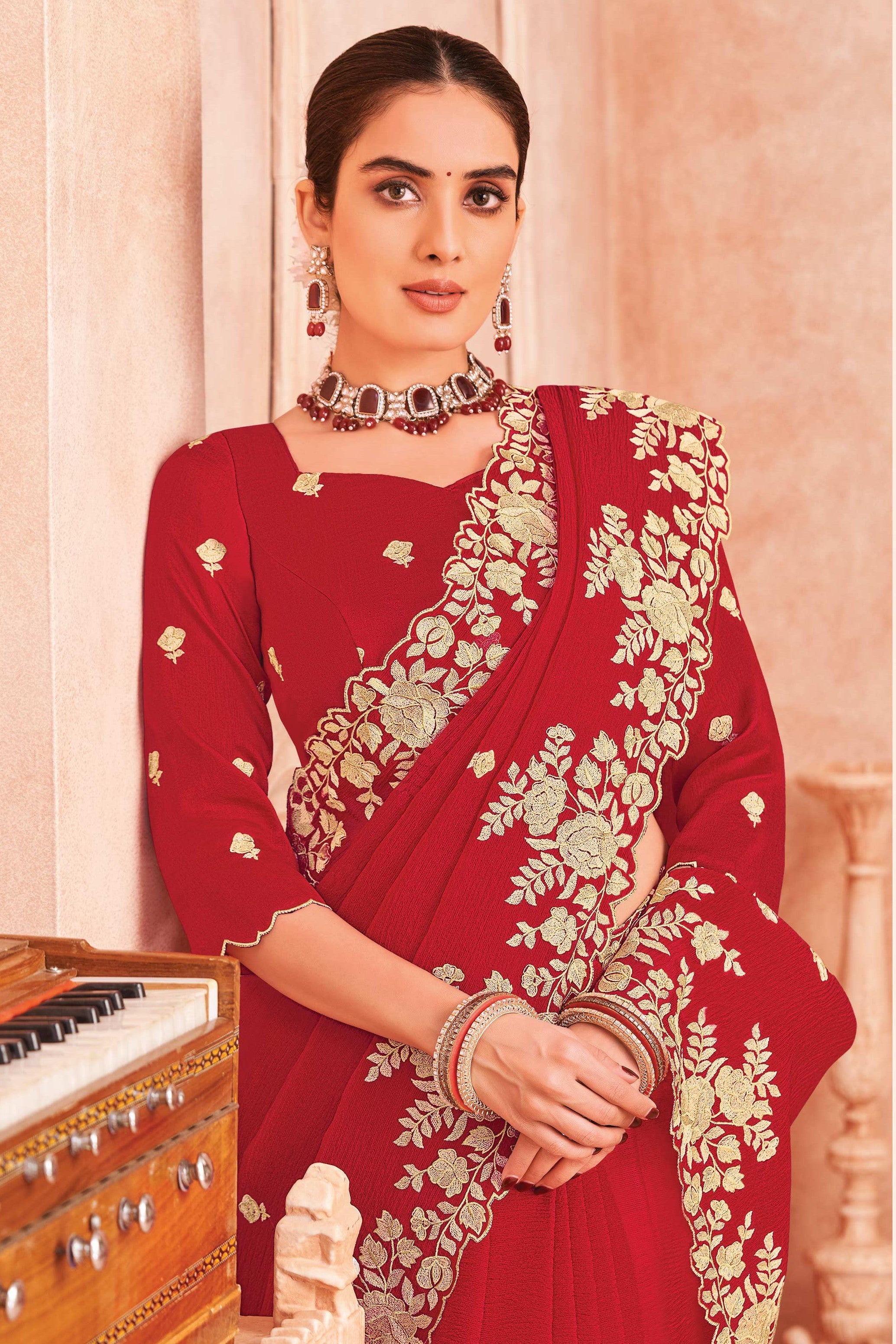 Red Chiffon Saree with Floral Zari Work - Chudi