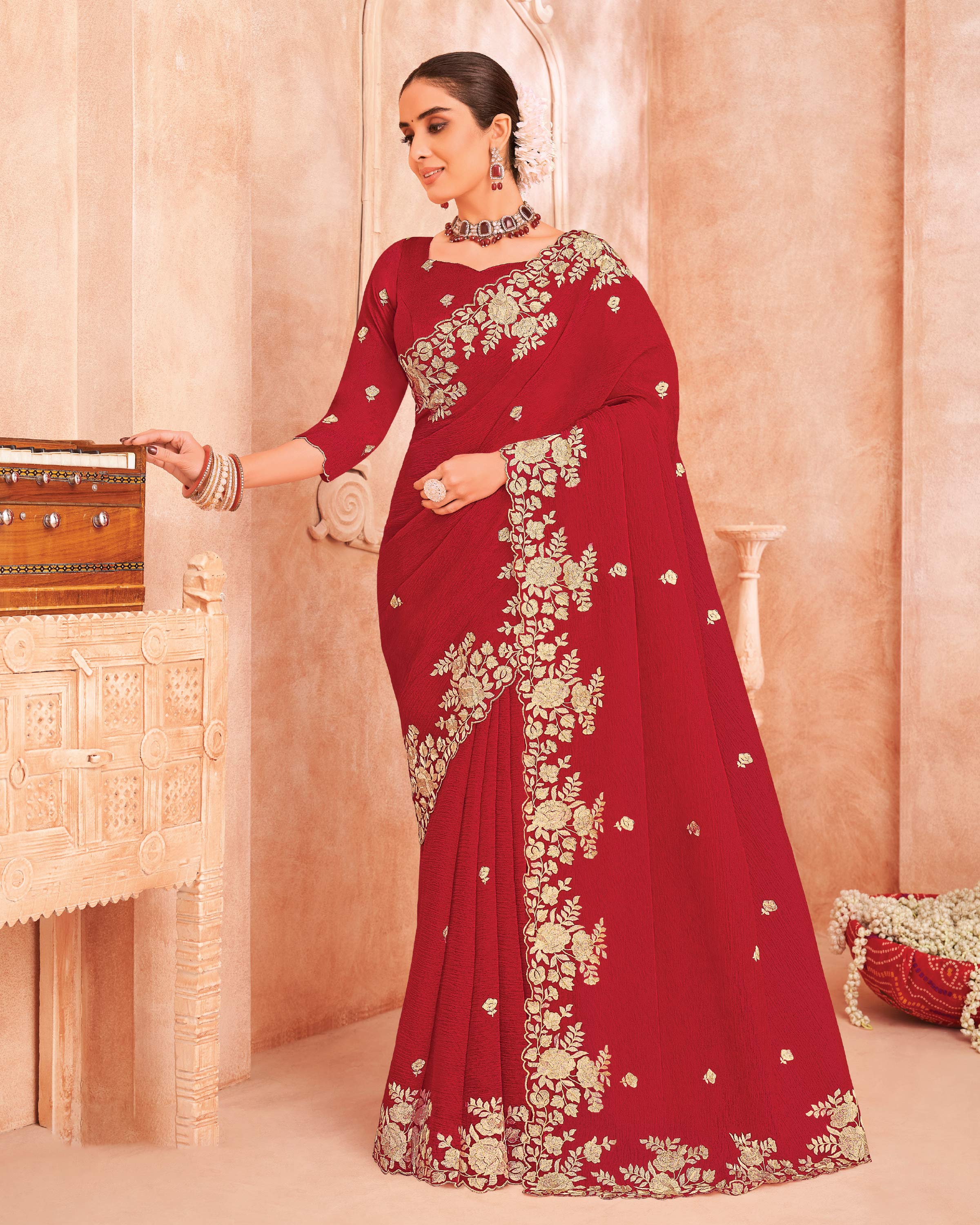 Red Chiffon Saree with Floral Zari Work - Chudi