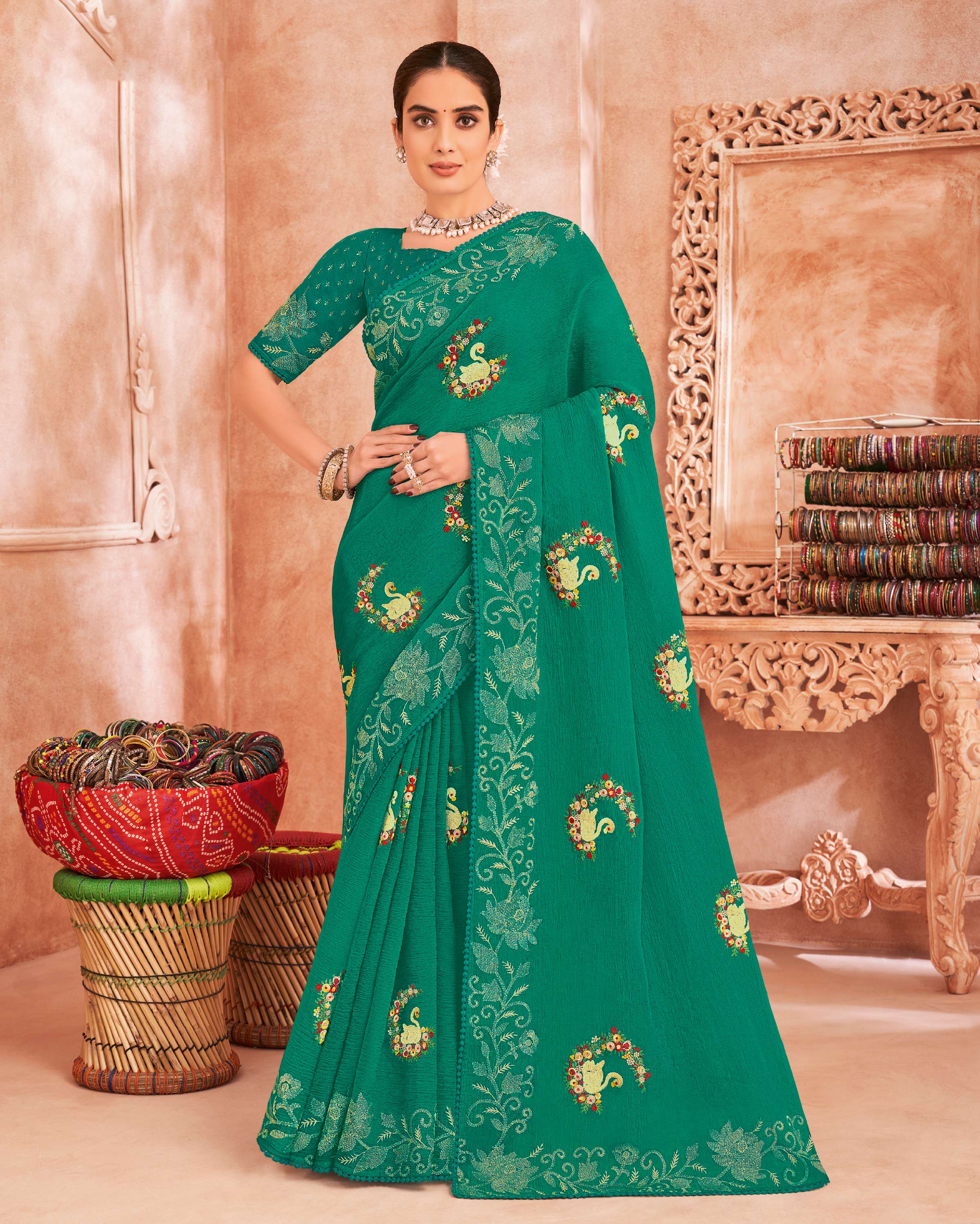 Teal Green Art Silk Saree - Chudi