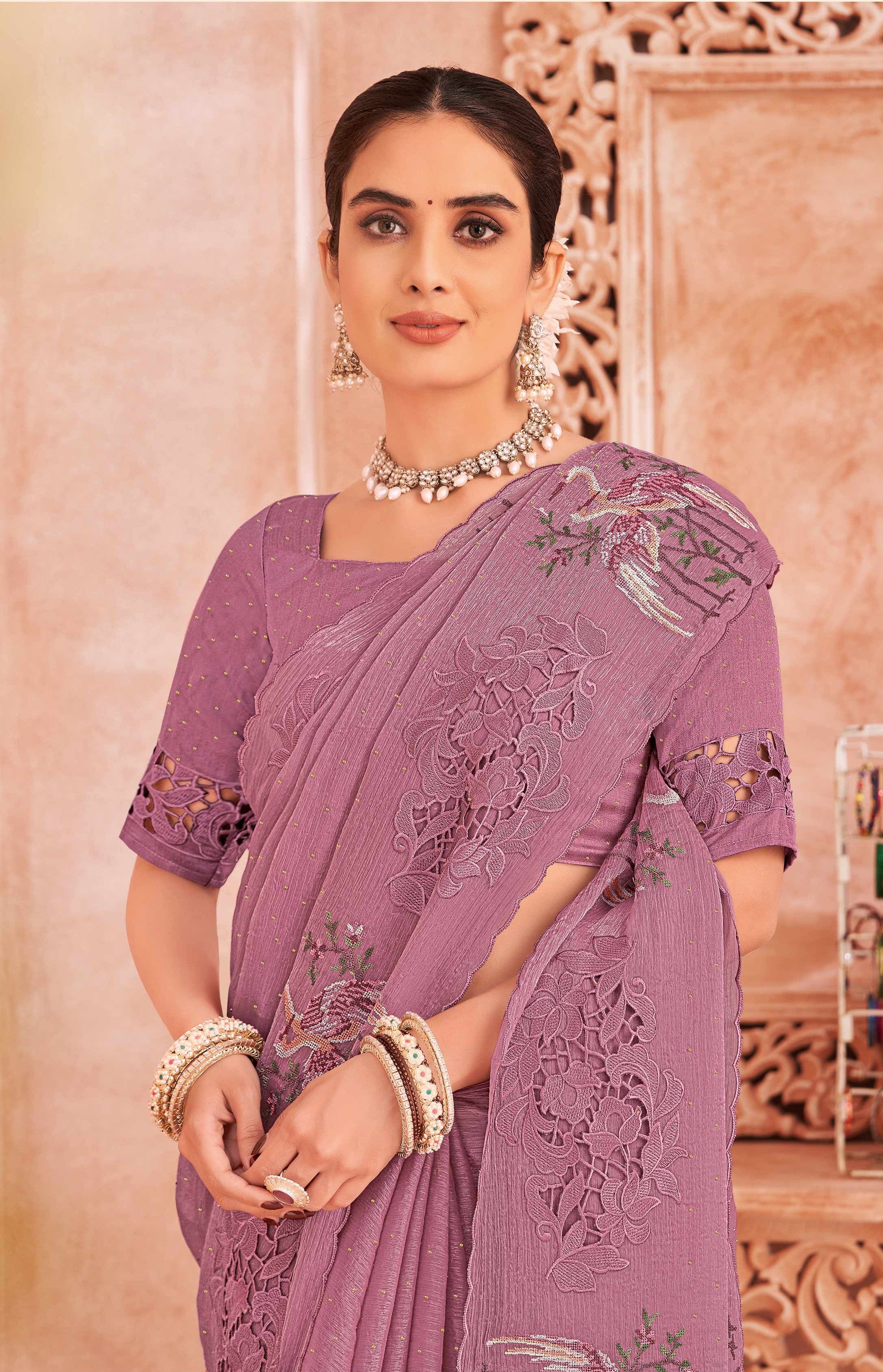 Purple Saree with Floral Cutwork - Chudi