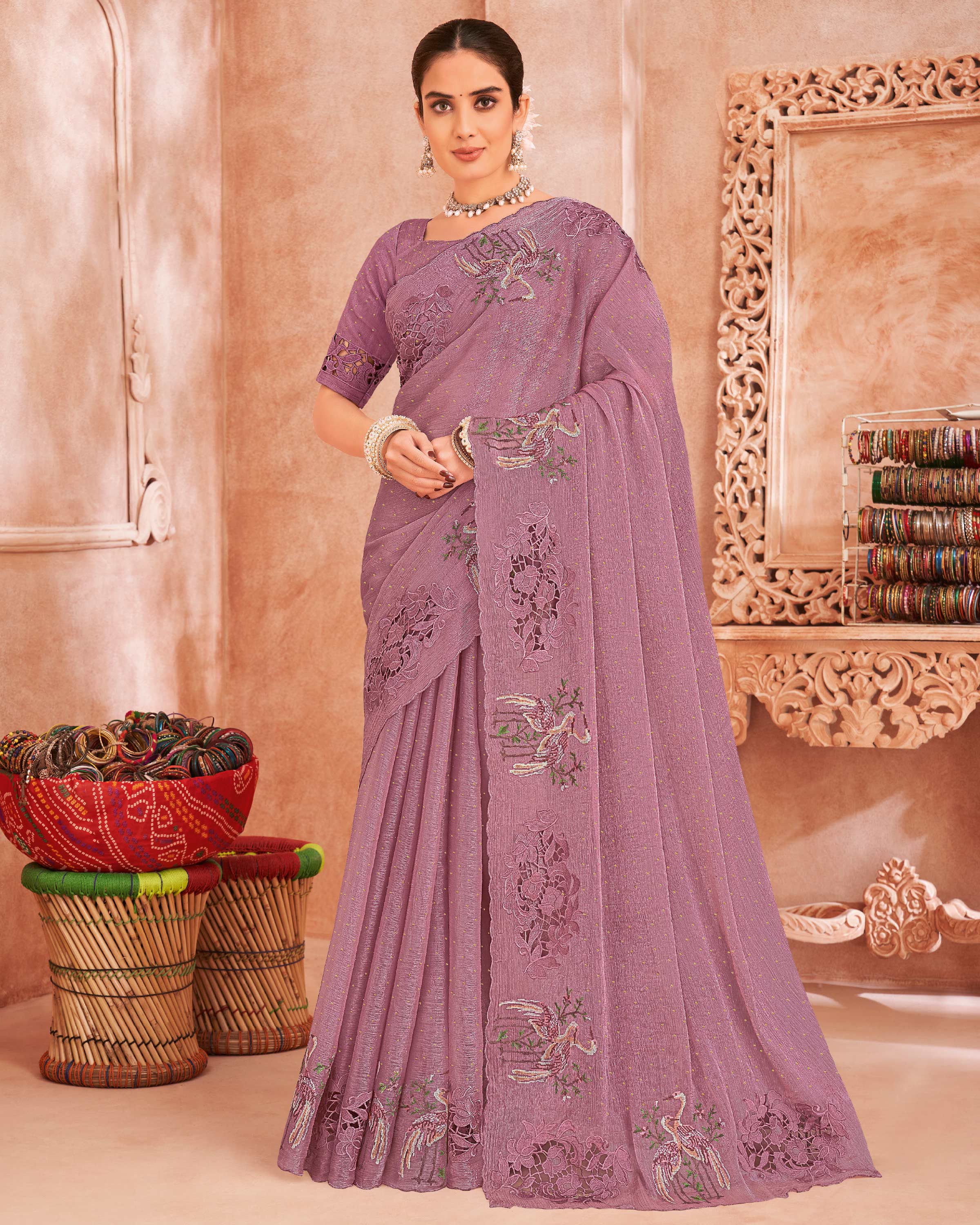 Purple Saree with Floral Cutwork - Chudi