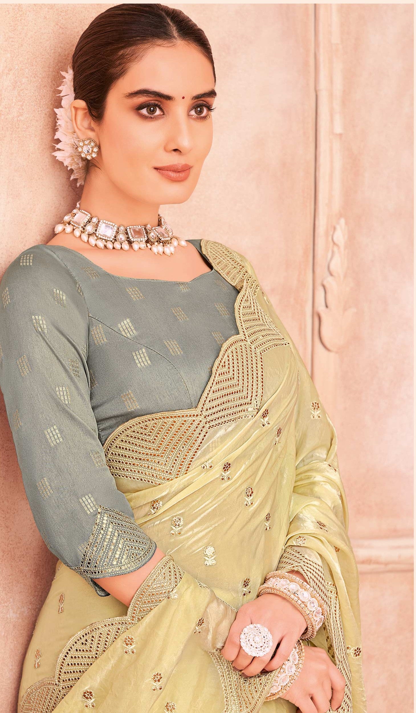 Lime Yellow Tissue Organza Saree - Chudi