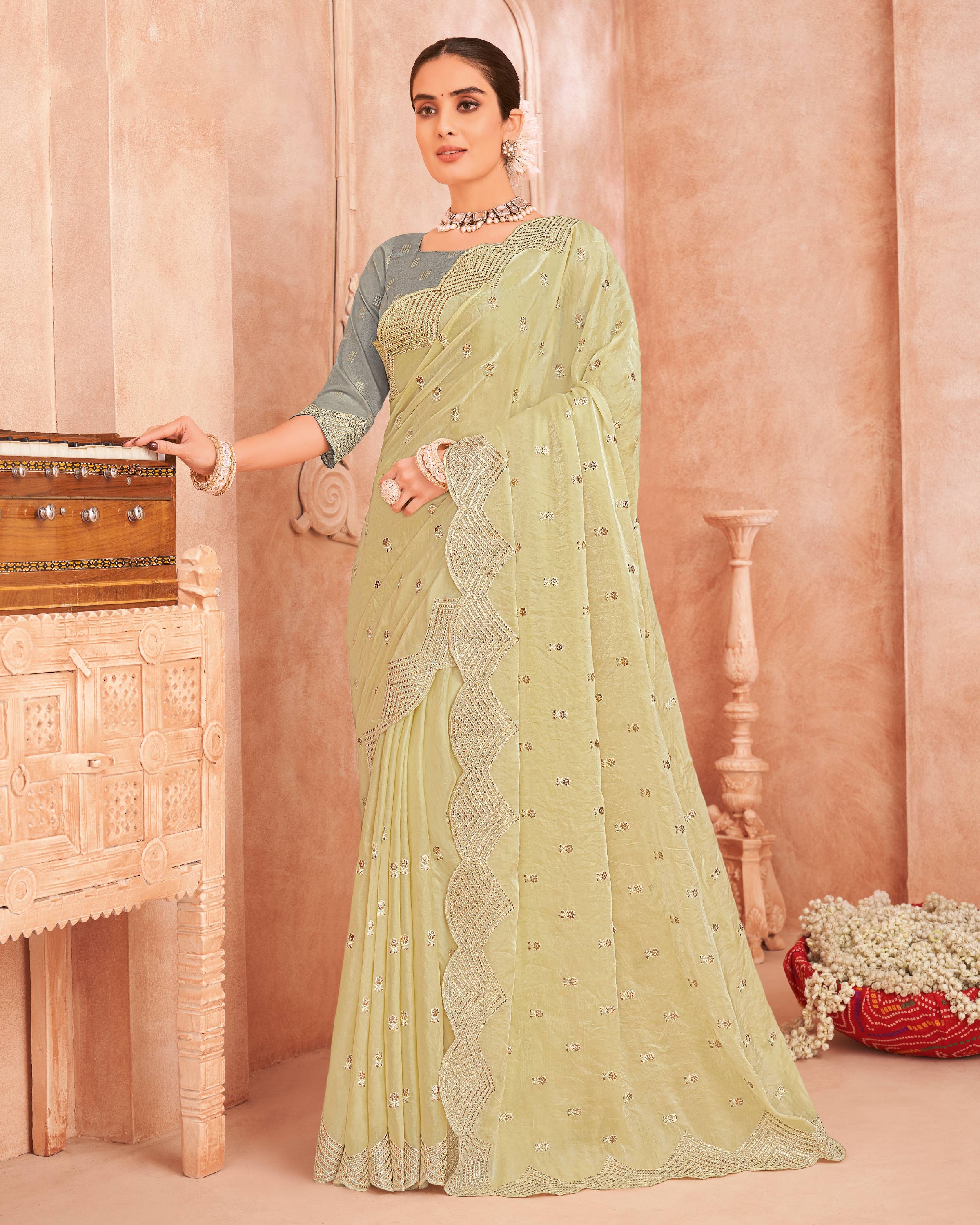 Lime Yellow Tissue Organza Saree - Chudi