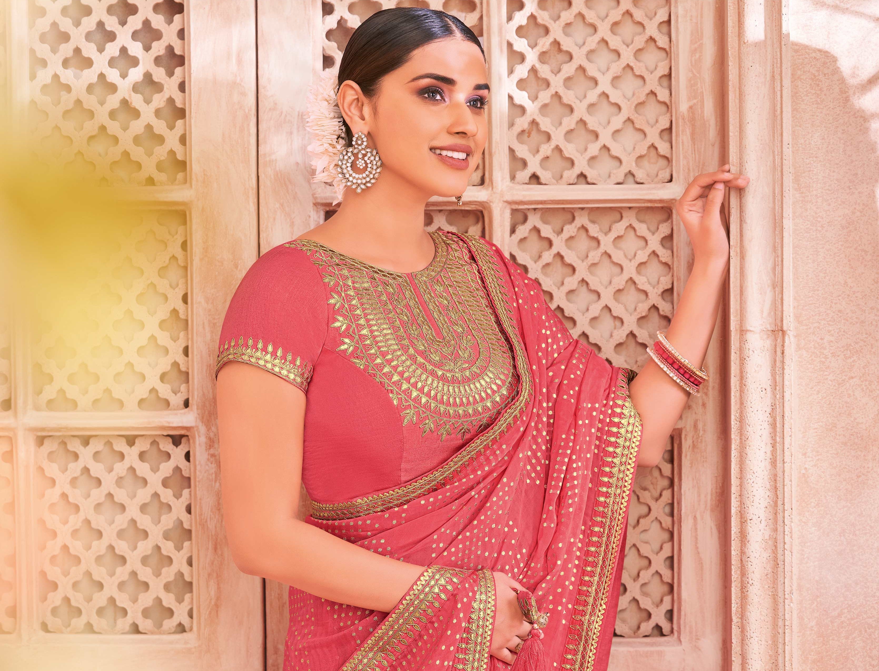 Pink Tissue Saree with Foil Work & Gota Patti Lace Border - Chudi