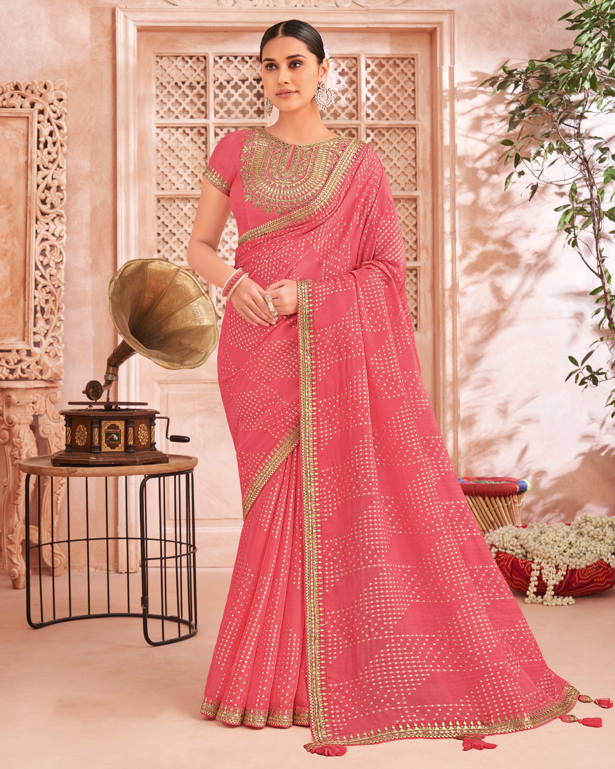 Pink Tissue Saree with Foil Work & Gota Patti Lace Border - Chudi