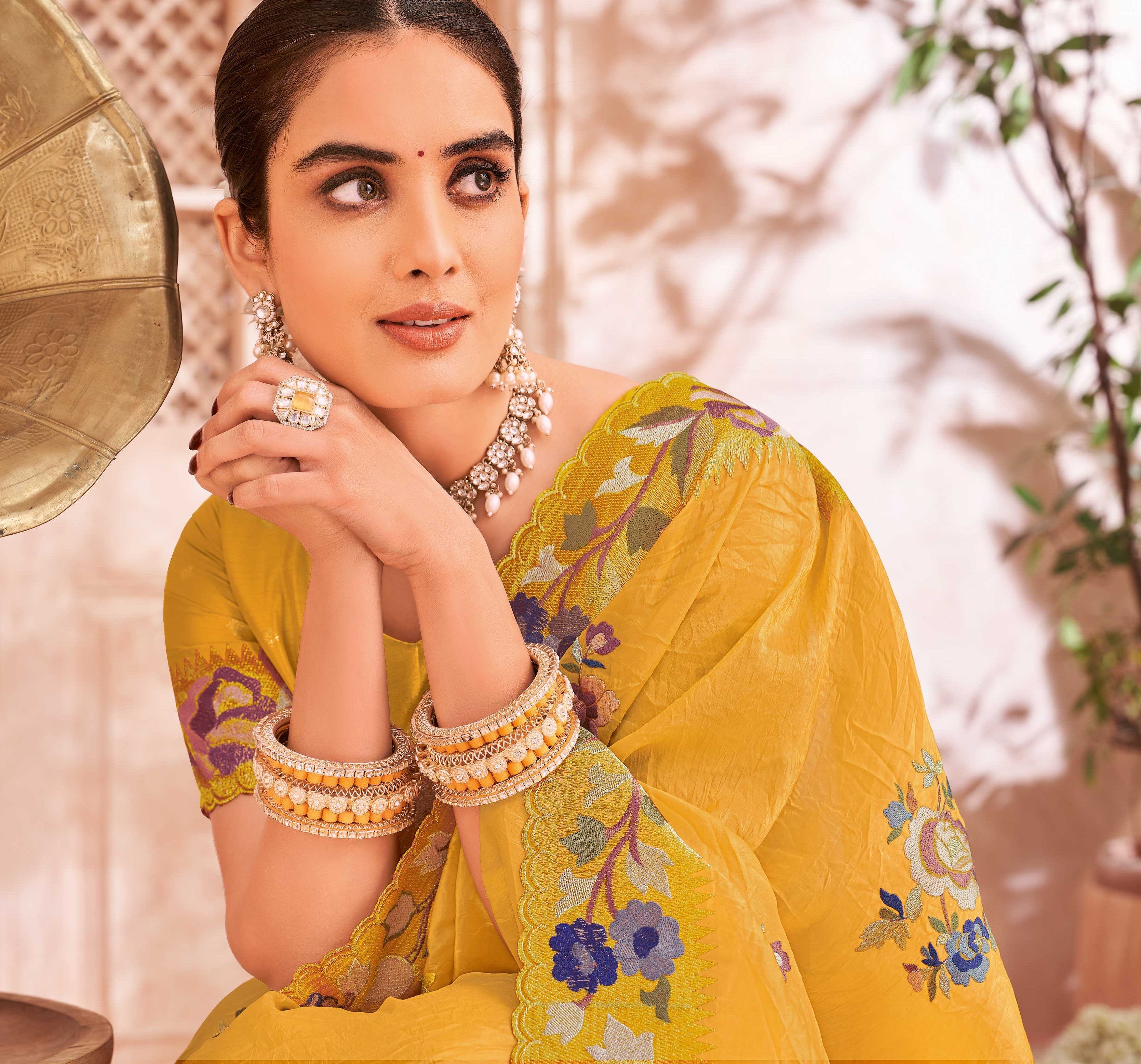 Mustard Raw Silk Saree with Embroidered Floral Zari & Stone Work - Chudi