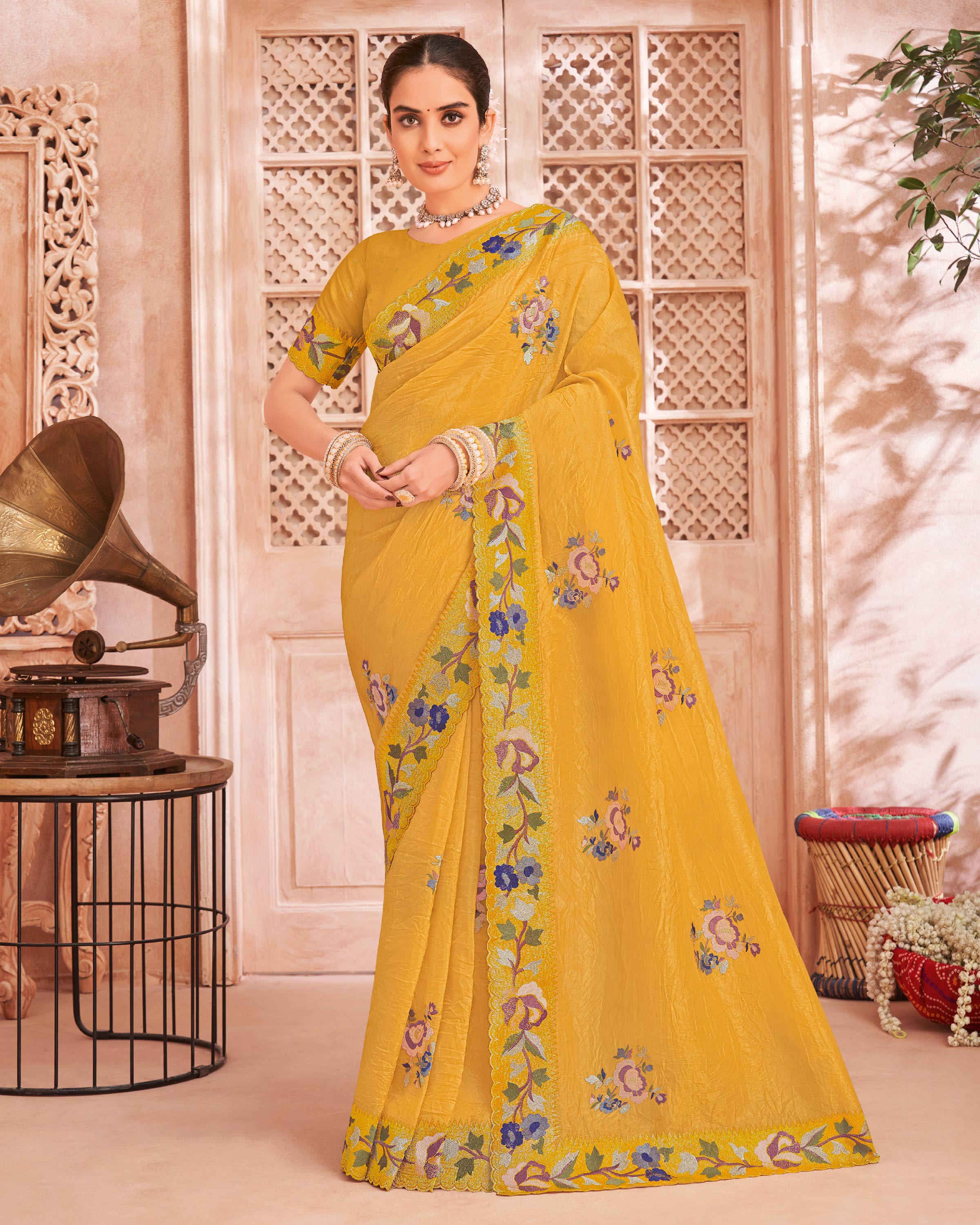 Mustard Raw Silk Saree with Embroidered Floral Zari & Stone Work - Chudi