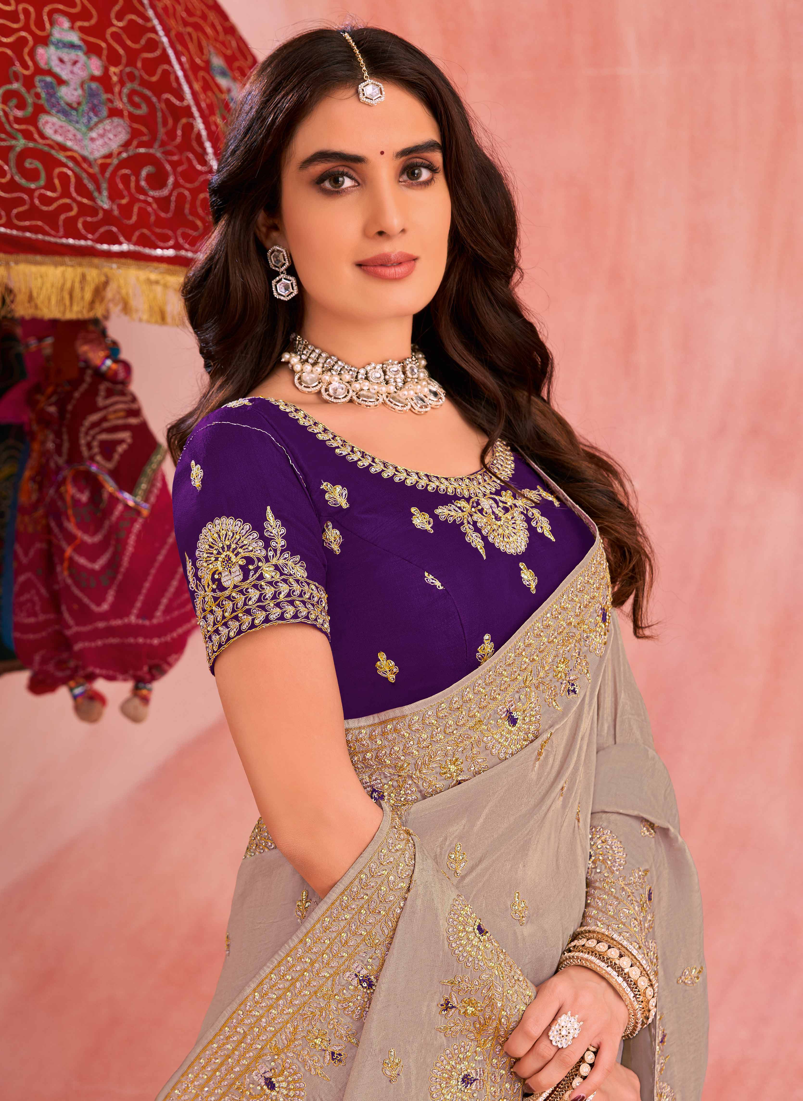 Beige Art Silk Saree with Floral Embroidery & Zari Stone Work- Chudi