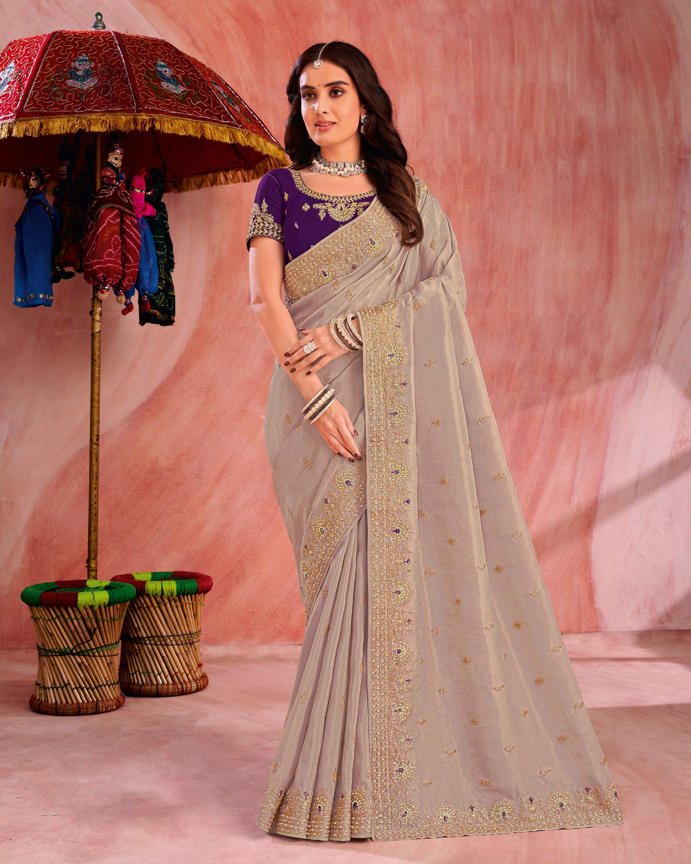 Beige Art Silk Saree with Floral Embroidery & Zari Stone Work- Chudi