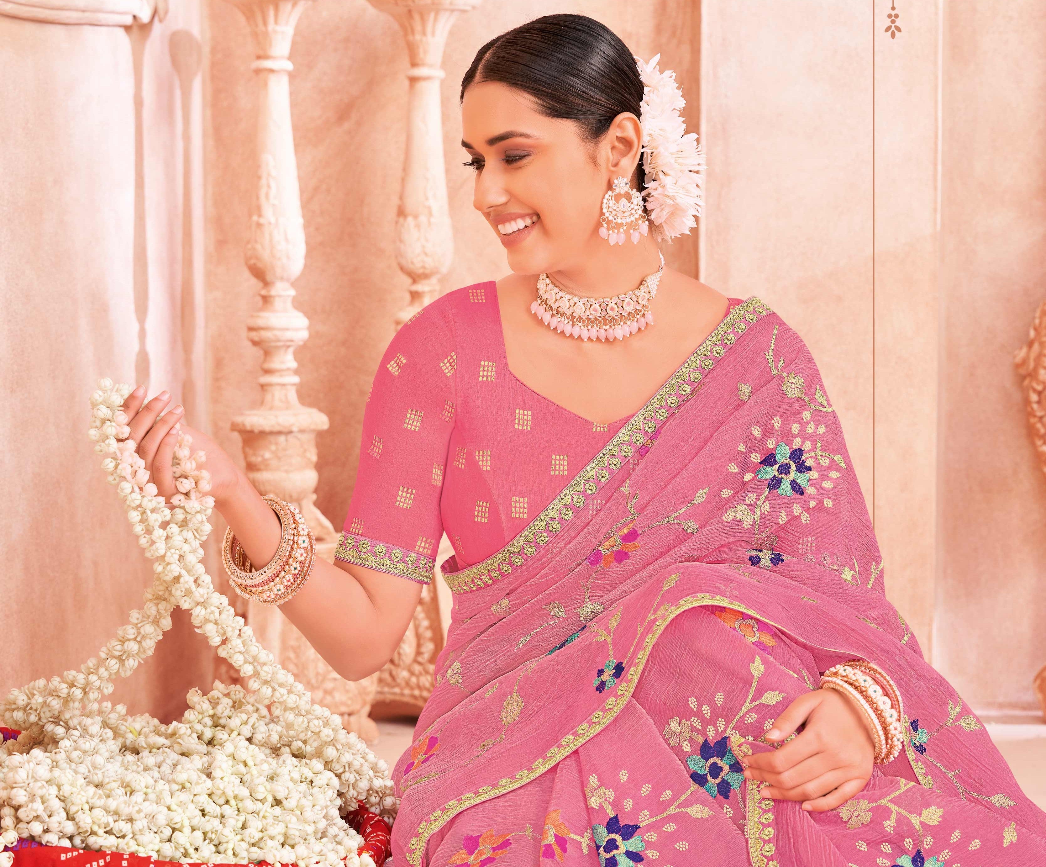 Pink Art Silk Saree with Floral Embroidery & Zari Stone Work - Chudi