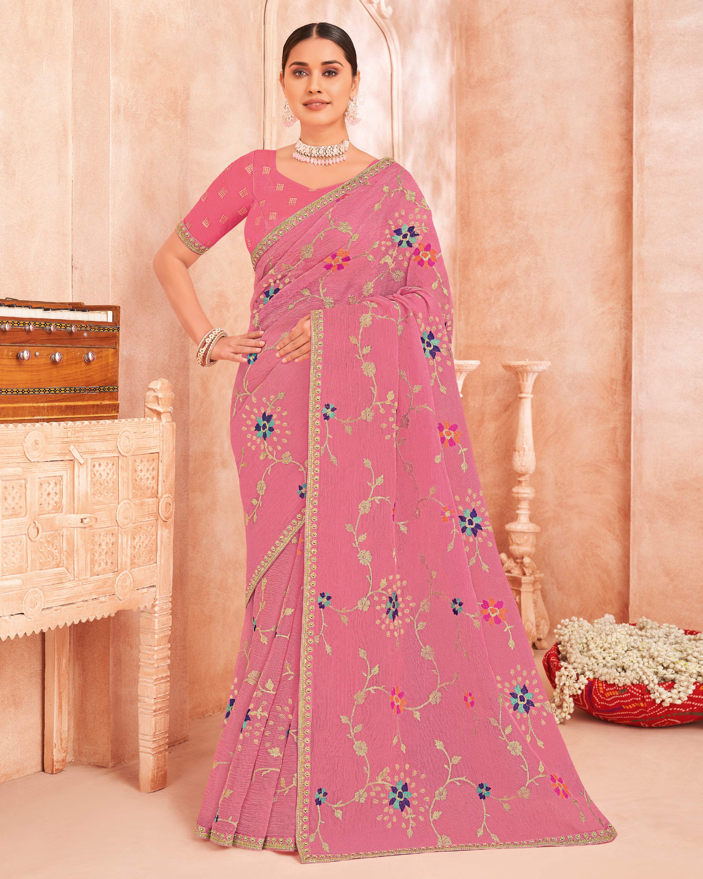 Pink Art Silk Saree with Floral Embroidery & Zari Stone Work - Chudi