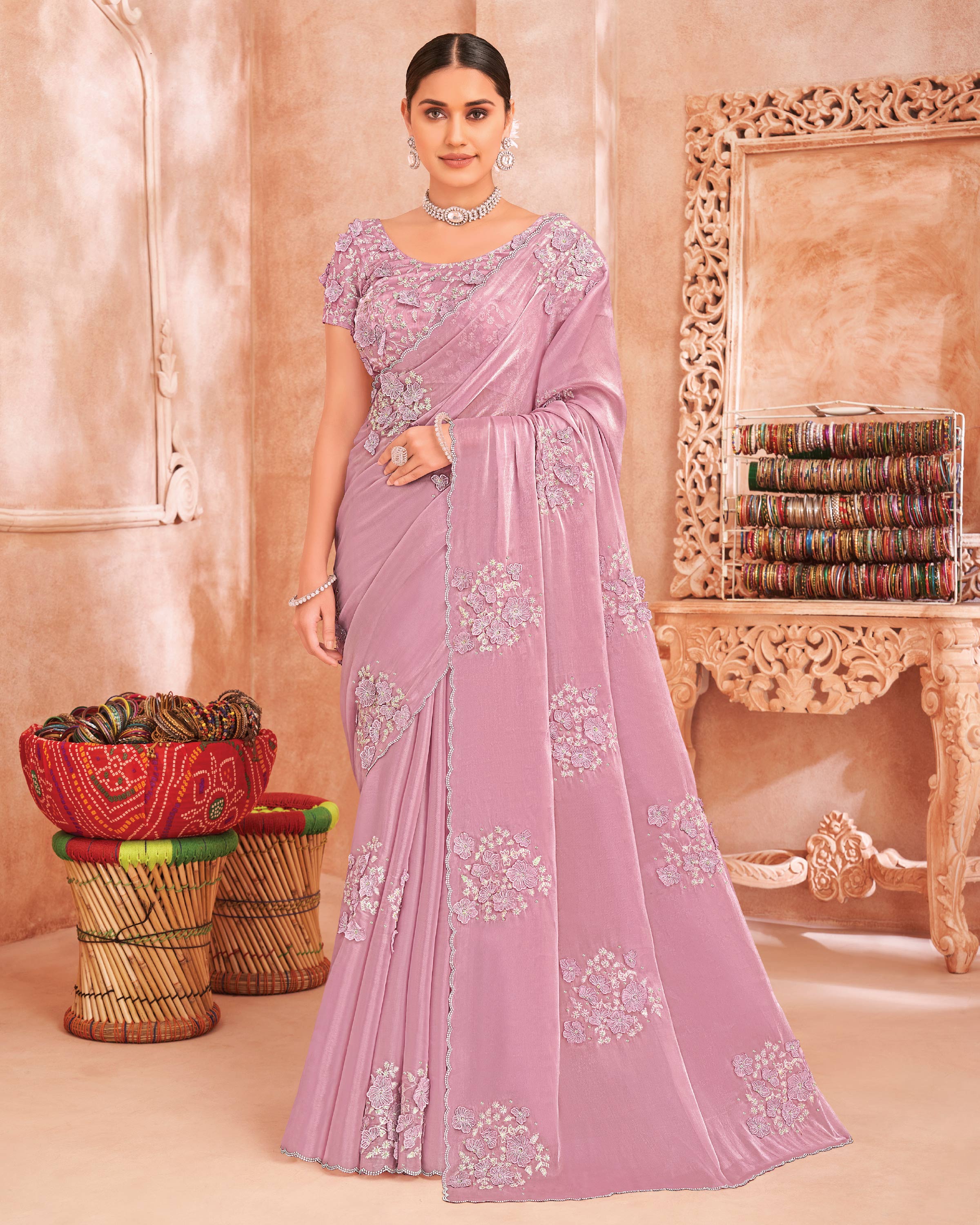 Lavender Art Silk Saree Stone Work & Embellished Floral Motifs - Chudi