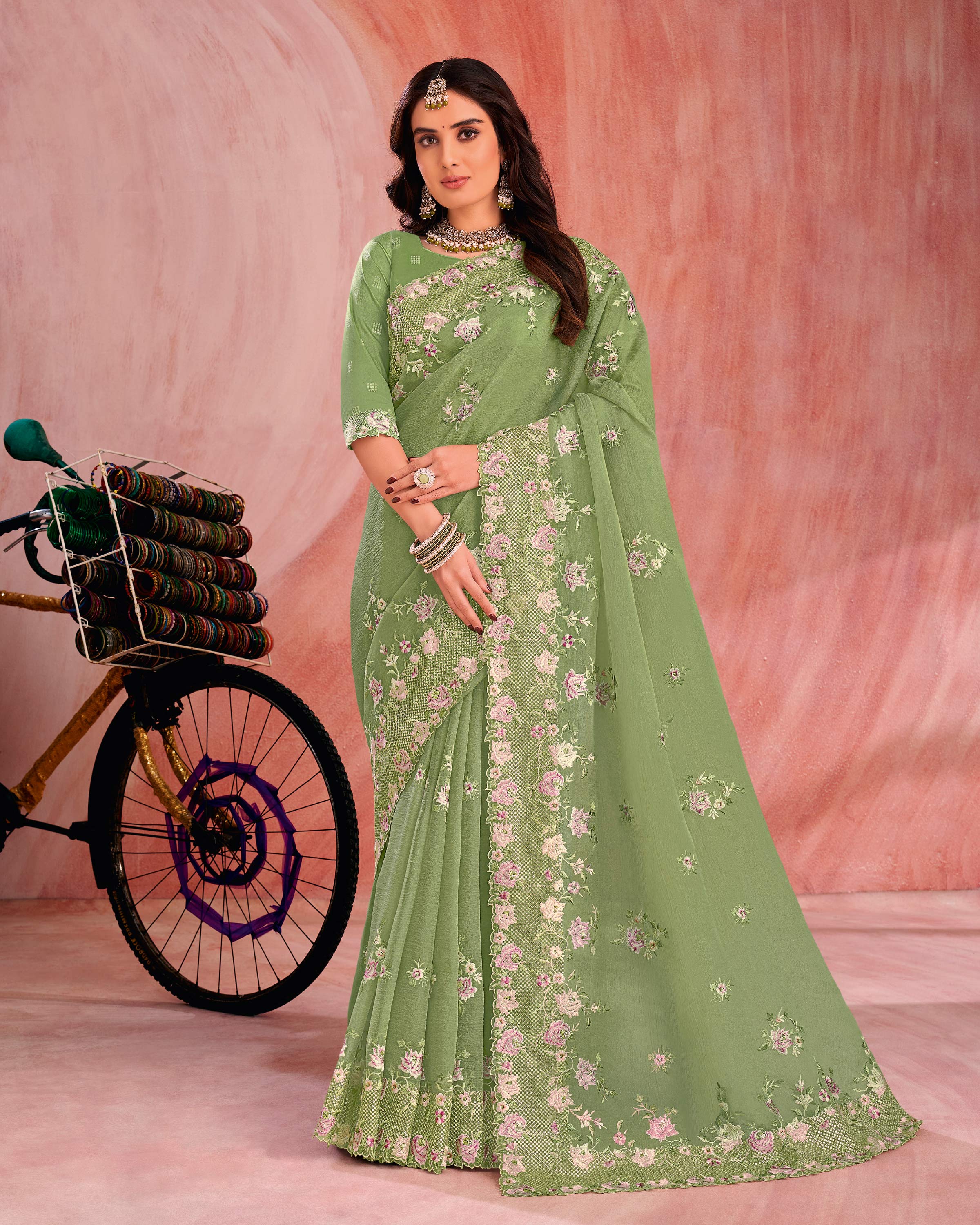 Green Art Silk Saree with Floral Embroidery - Chudi