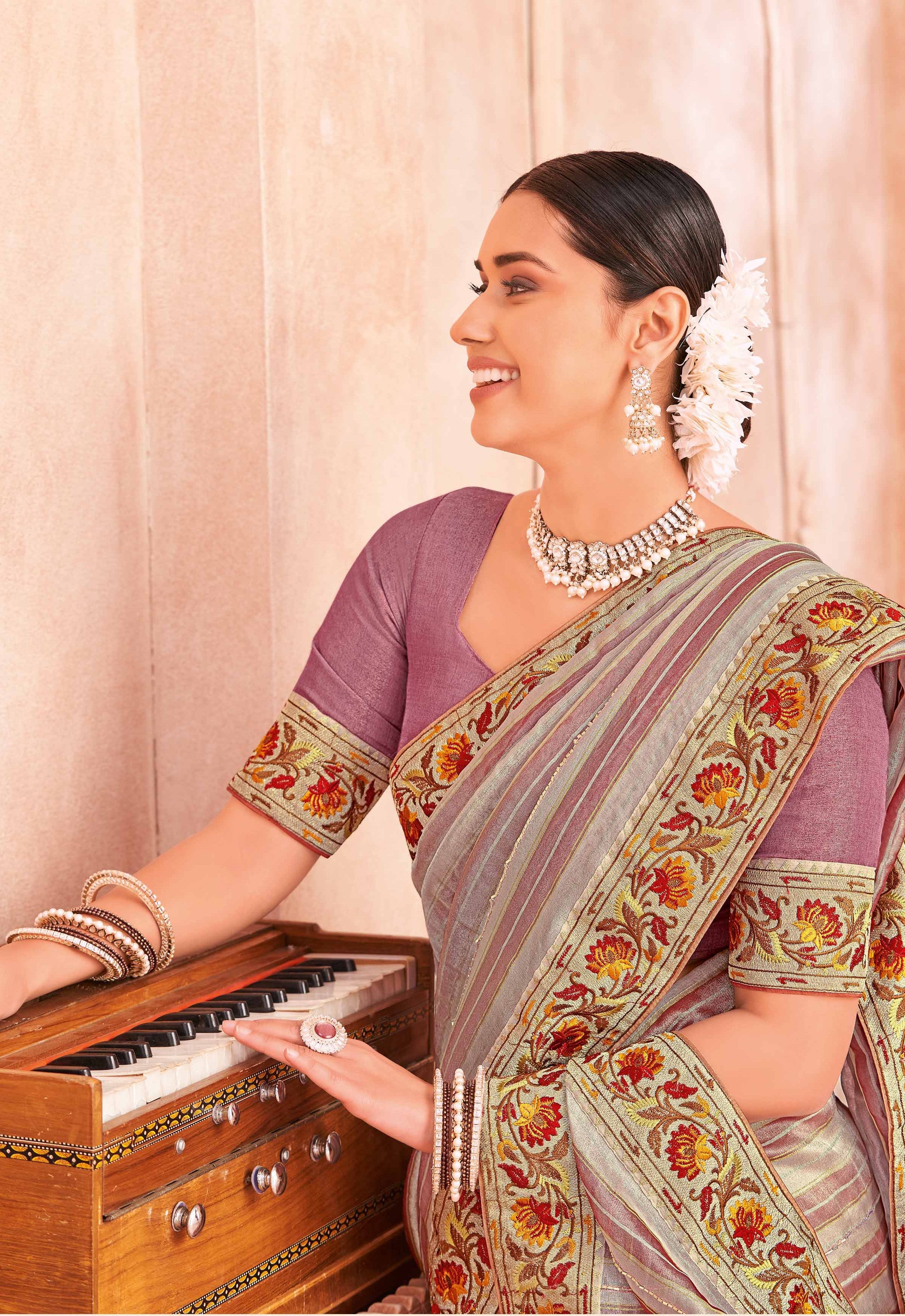 Multicolor Art Silk Saree with Striped Pattern & Floral Lace Embroidery- Chudi