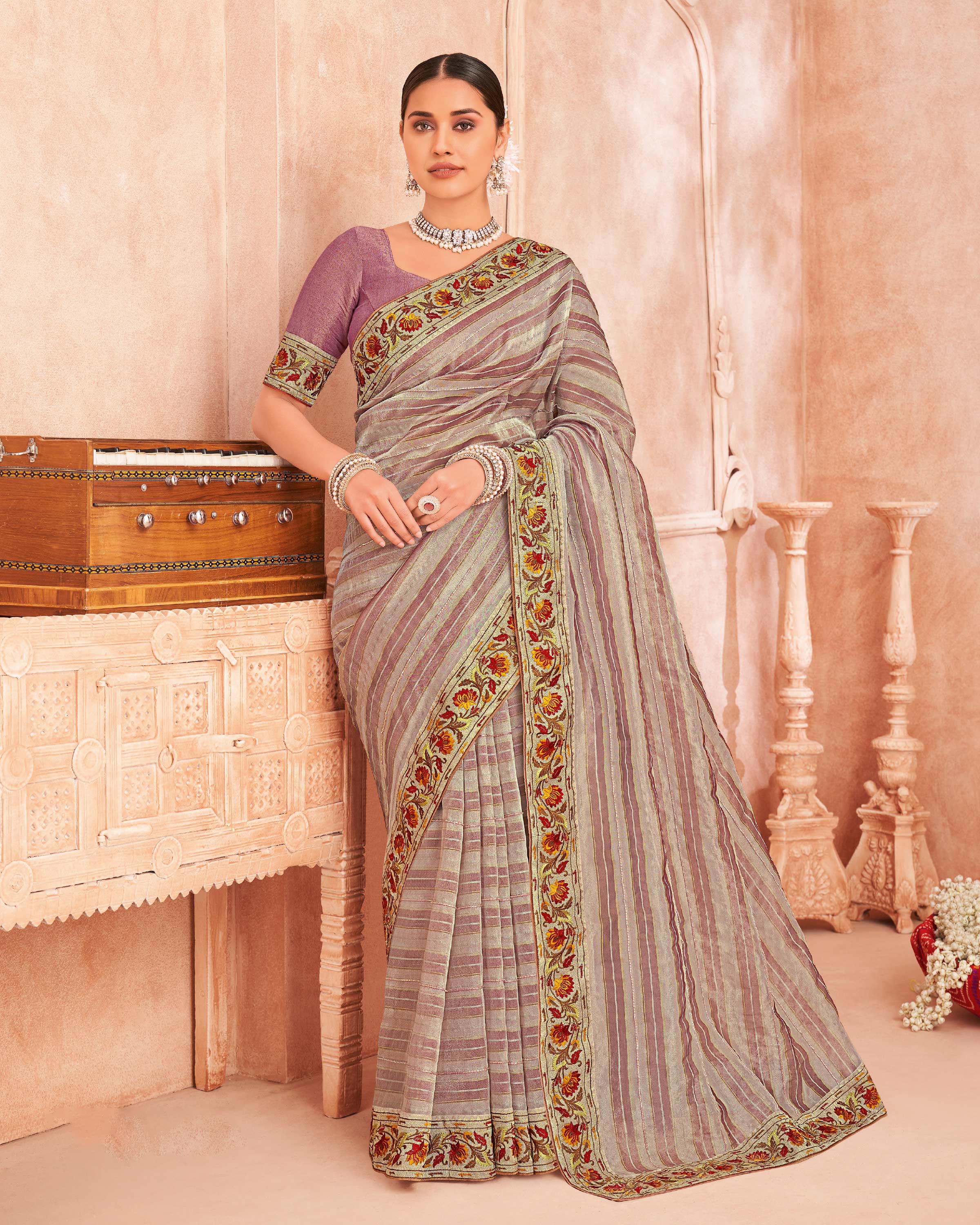 Multicolor Art Silk Saree with Striped Pattern & Floral Lace Embroidery- Chudi