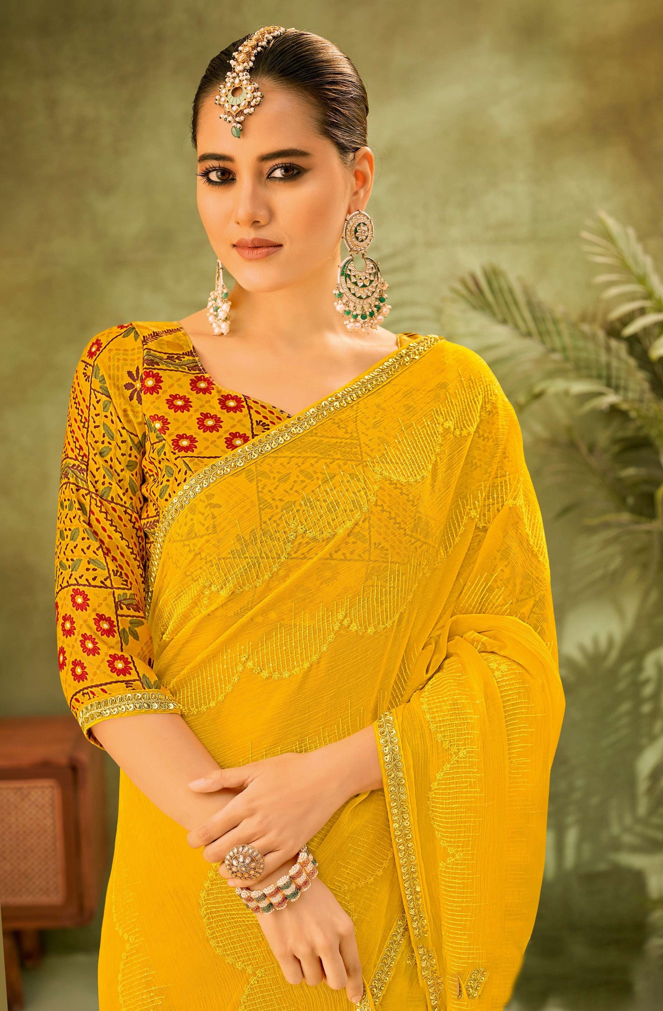 Mustard Chiffon Saree with Sequin & Thread Work Border- Angoor