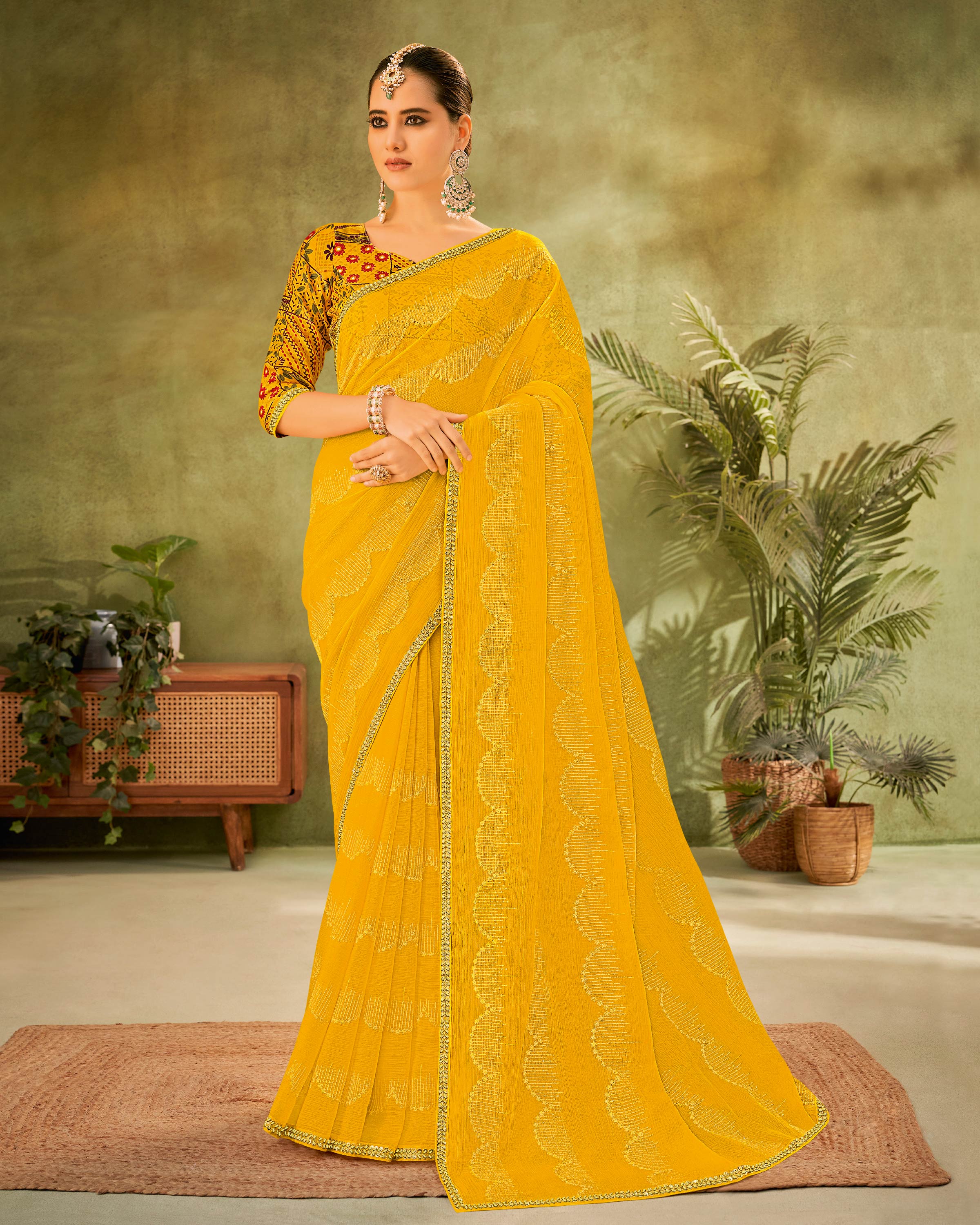 Mustard Chiffon Saree with Sequin & Thread Work Border- Angoor