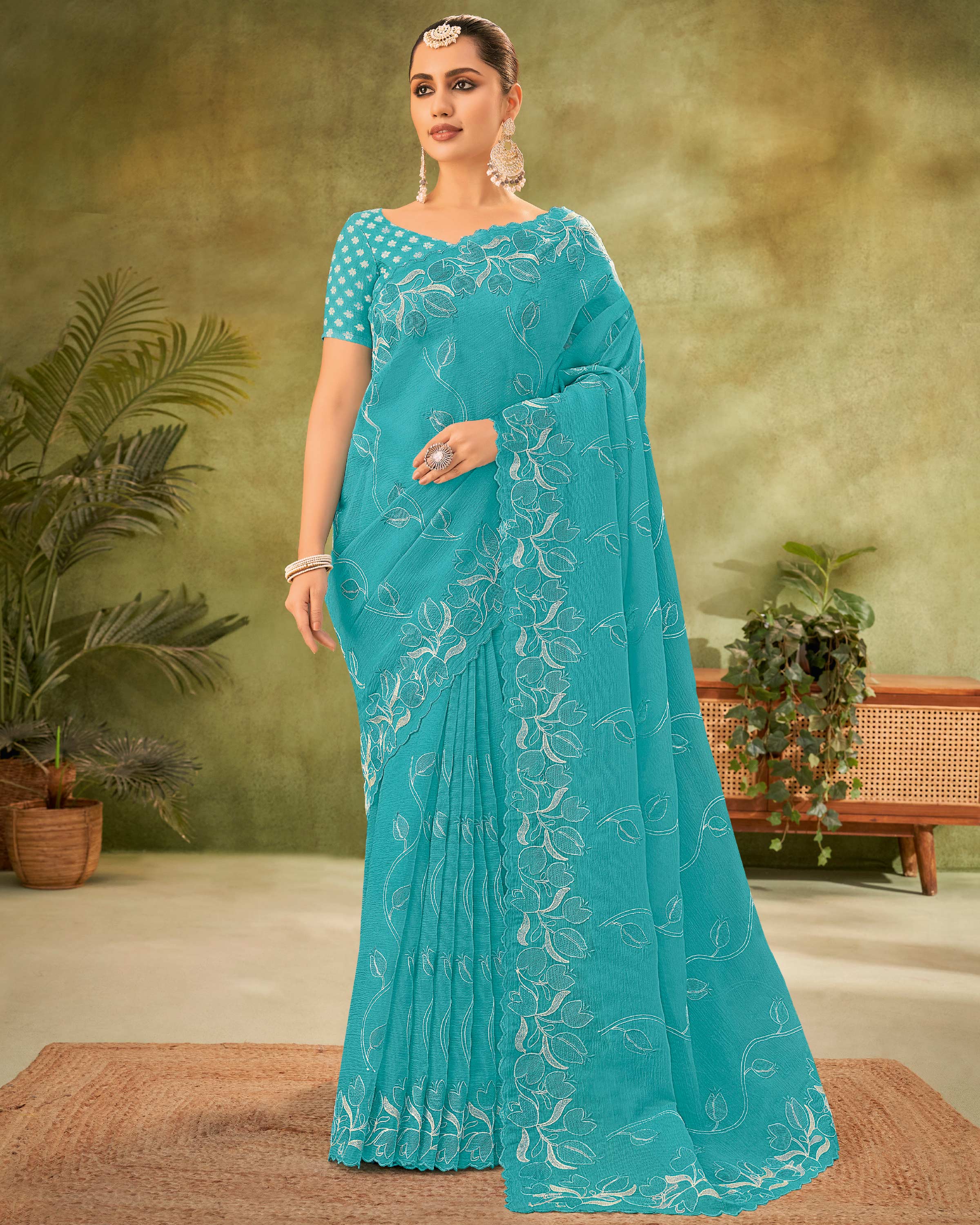 Sky Blue Tissue Organza Saree with Floral Embroidery - Angoor
