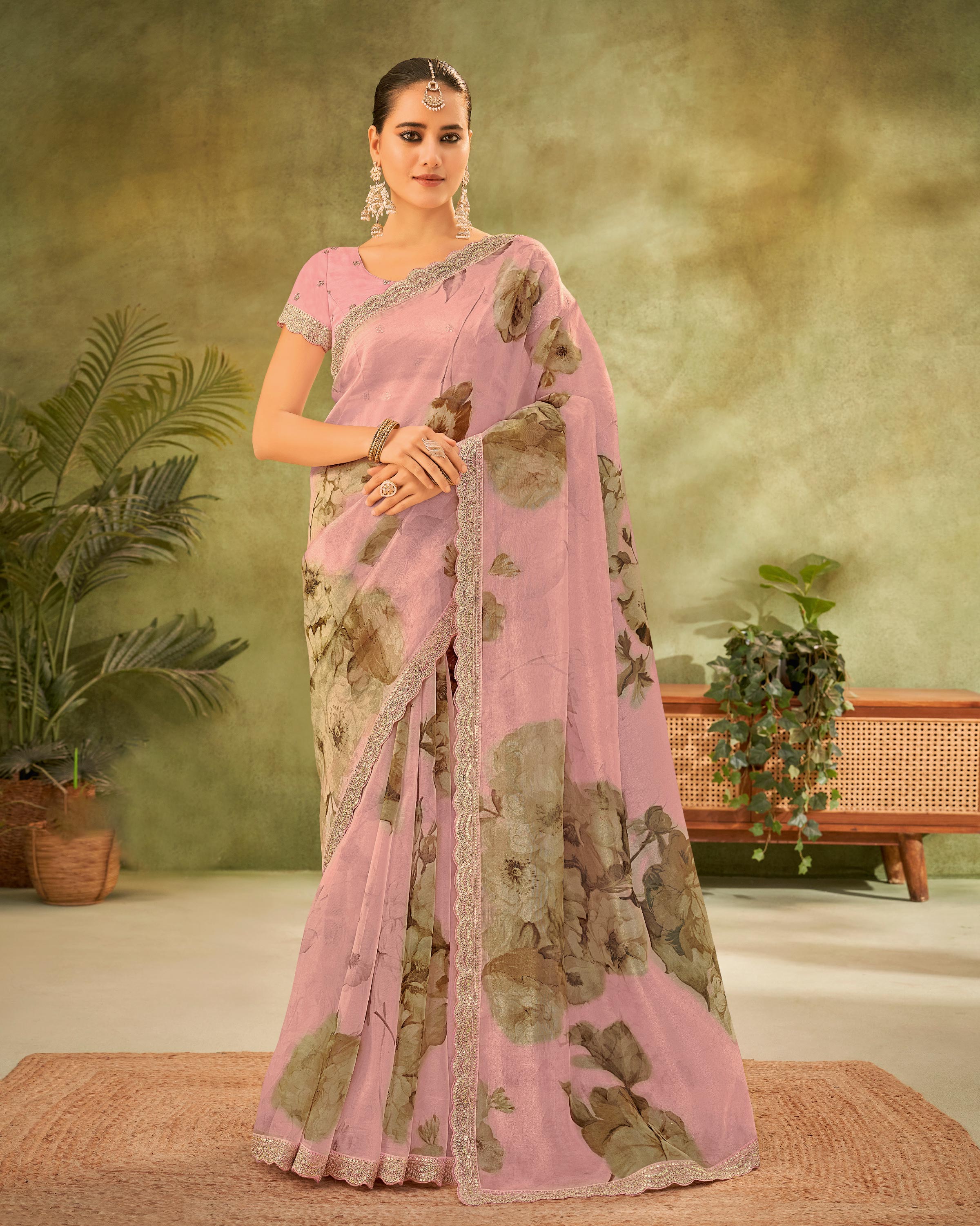 Pink Floral Printed Tissue Organza Saree with Sequin Border - Angoor