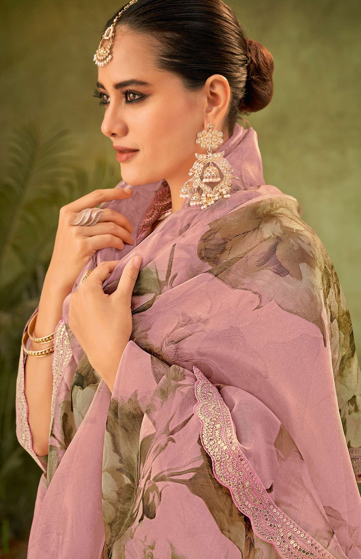 Pink Floral Printed Tissue Organza Saree with Sequin Border - Angoor