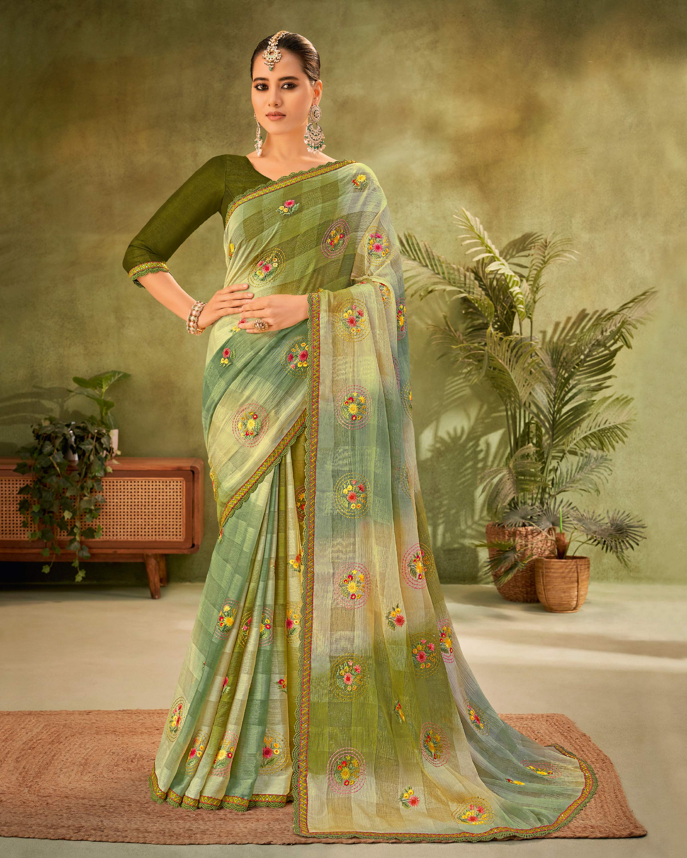 Olive Green Ombre Georgette Saree with Floral Embroidery - Angoor